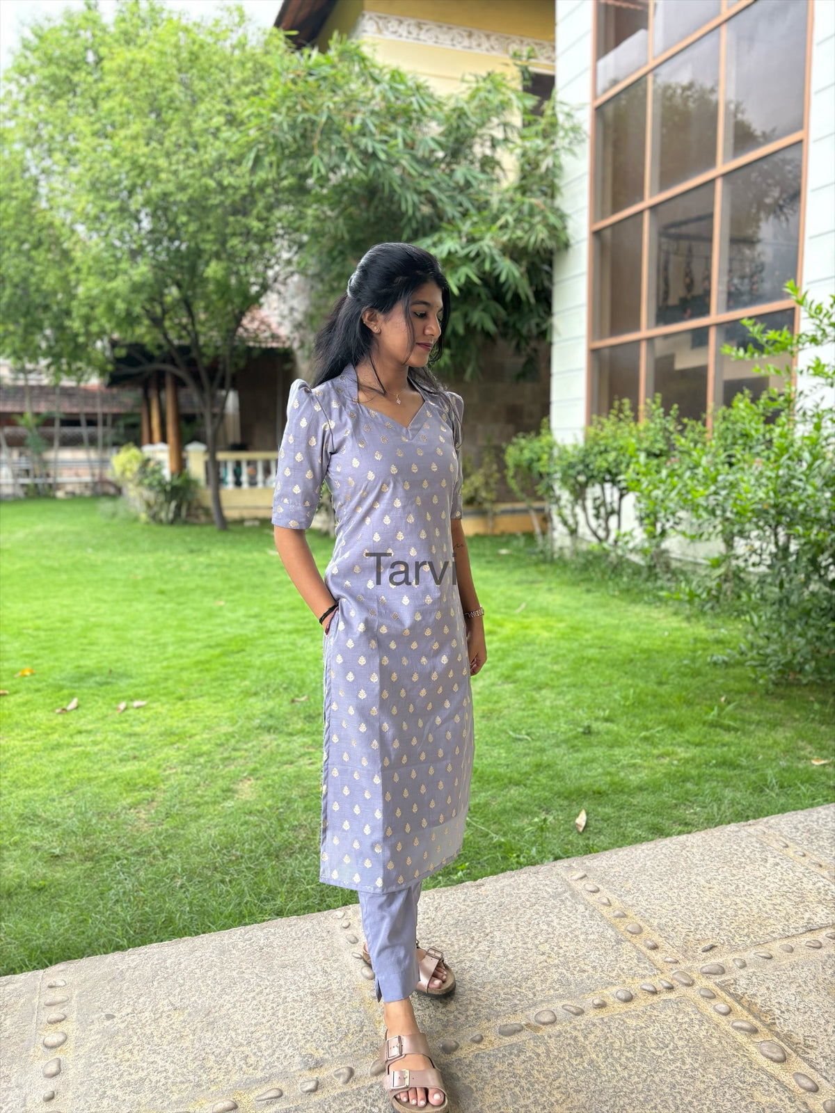 Lavender Grey Banarasi Handloom 3 pc Kurti Suit with Dupatta, Cotton Pant with Pocket