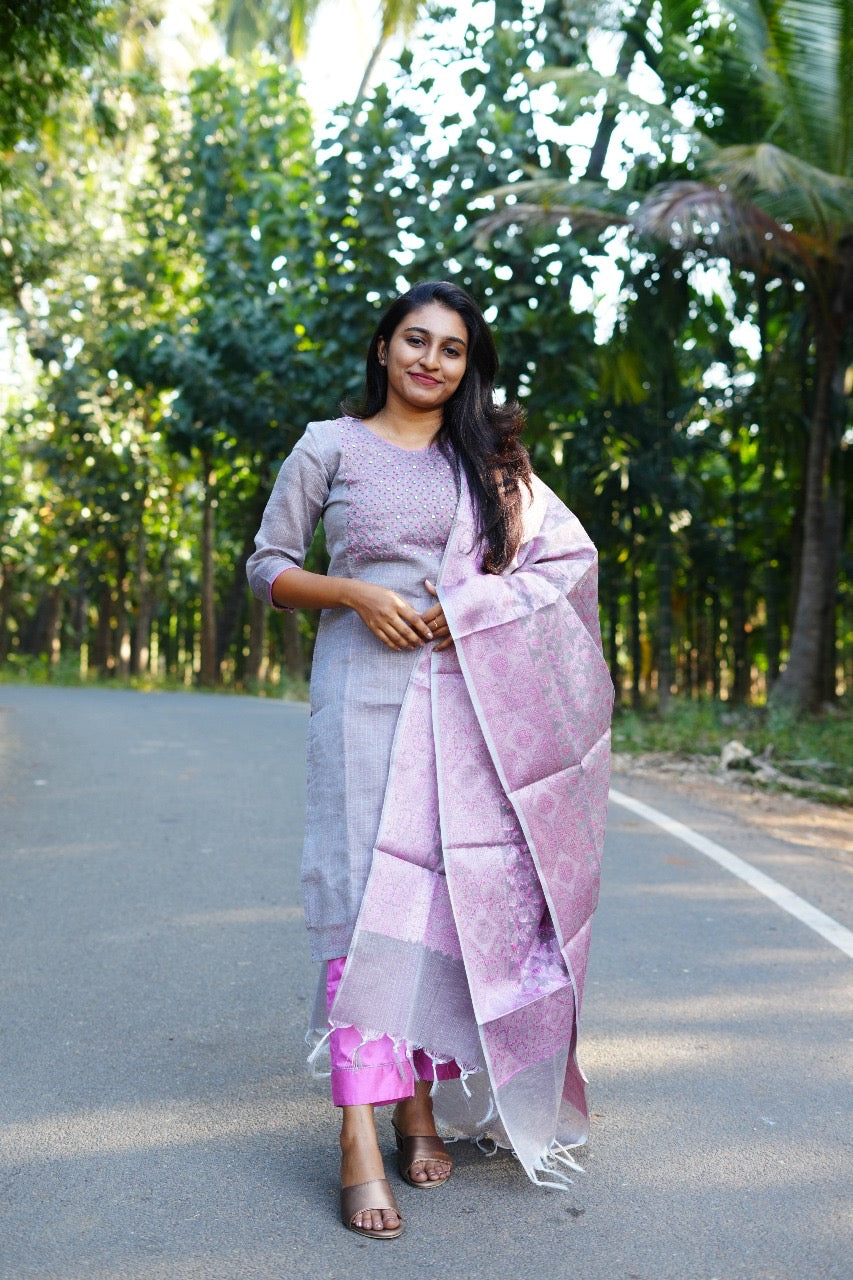 Grey cotton 3 pc Kurti Set with Embellishment, Dupatta and Pant