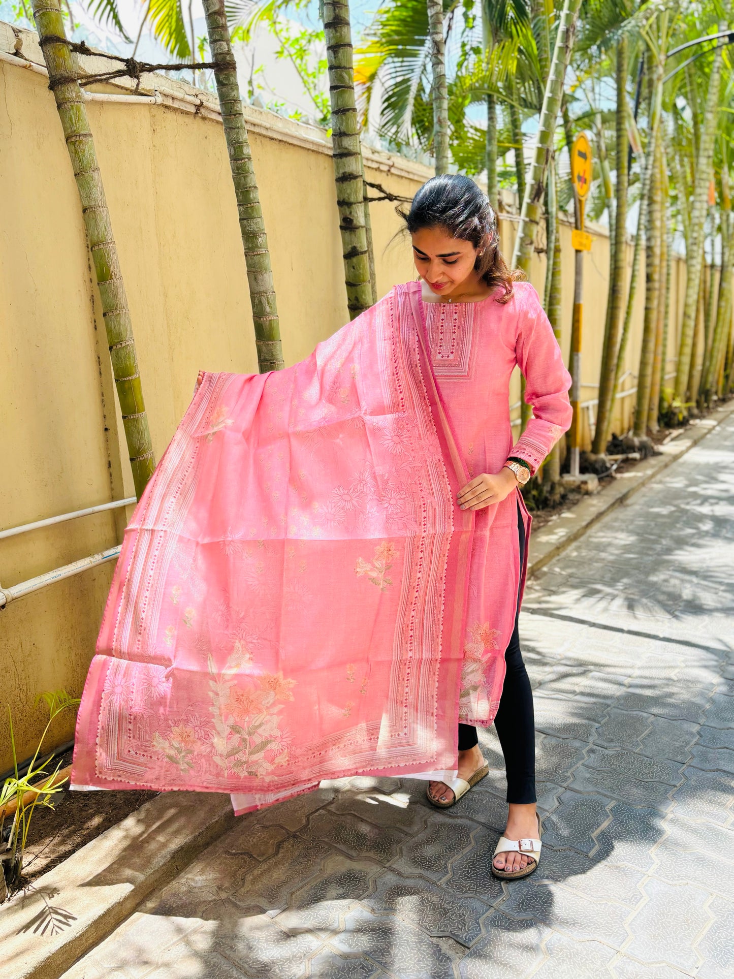 Pink Chanderi Tissue Silk Kurti with Cotton Lining & Dupatta