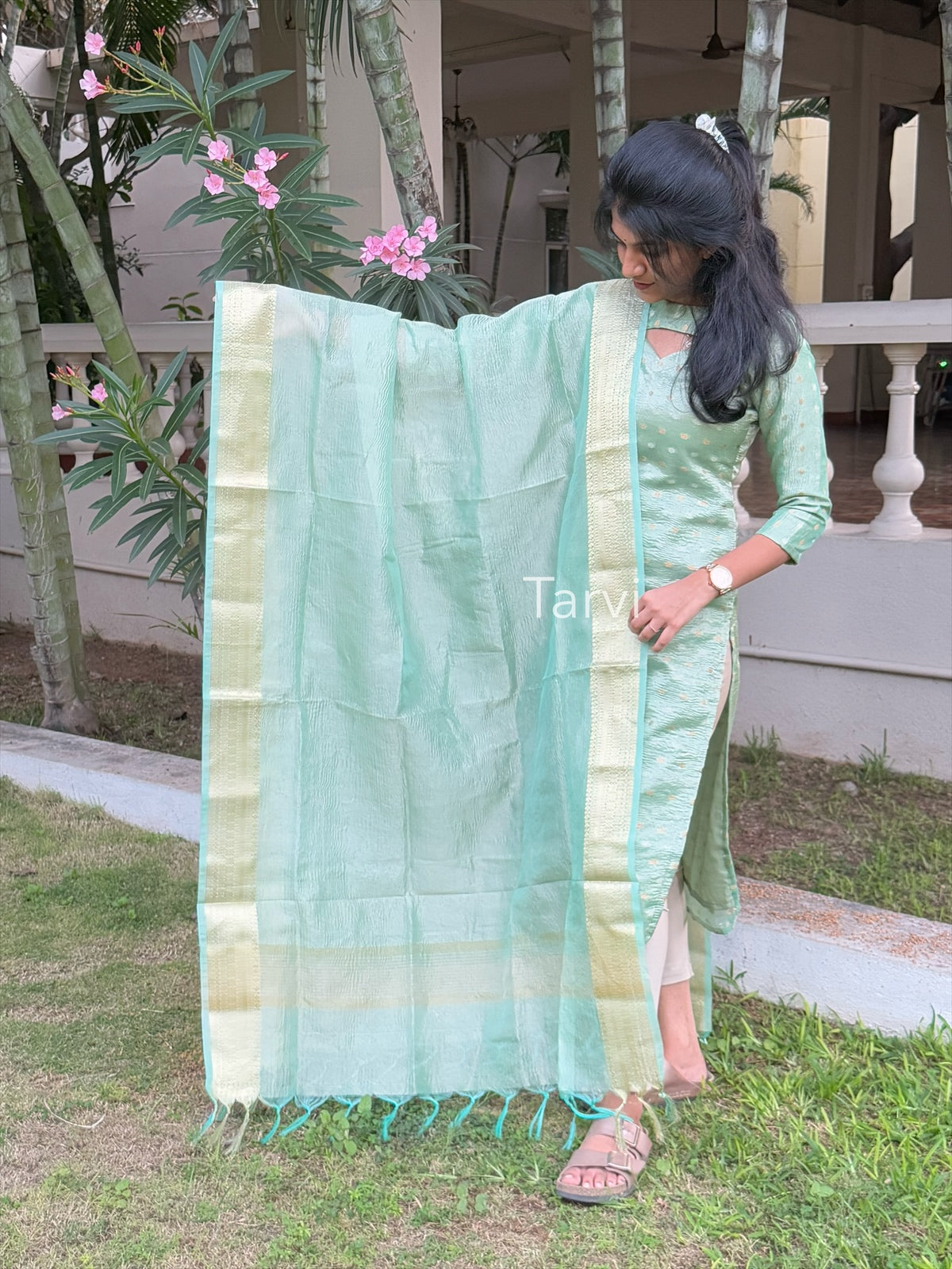 Light Green Ombre Crush Tissue Tussar Kurti with Butta, Cotton Lining & Dupatta