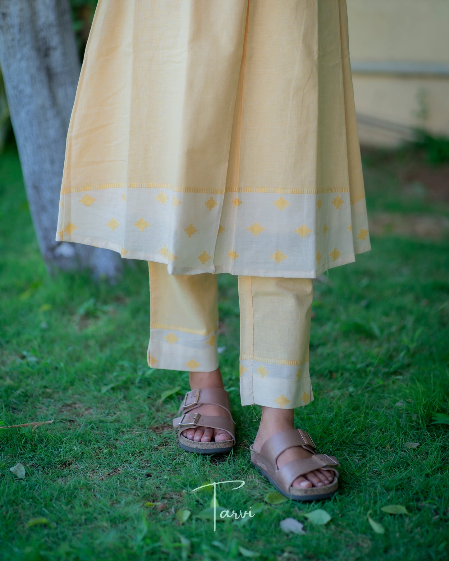 Light Yellow Pure Cotton Handloom A Line Cord Set with Jacquard borders