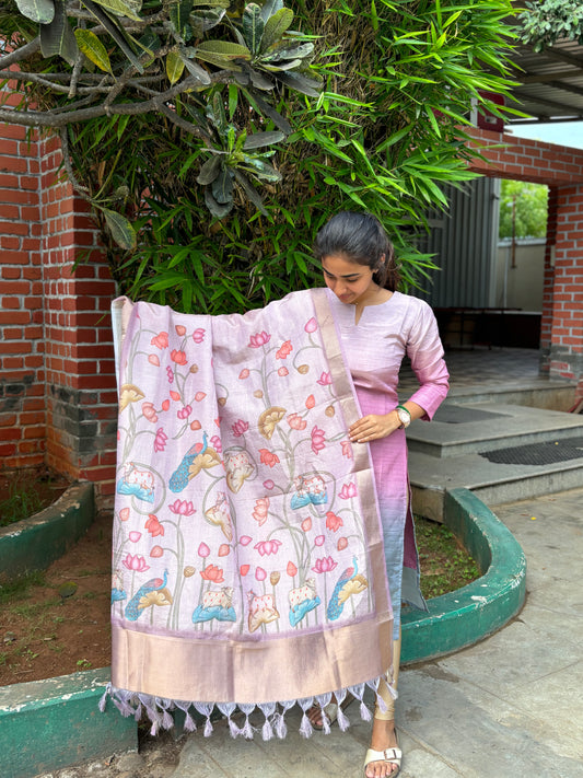 Pink Crush Tissue Tussar Kurti with Cotton Lining and Pichwai Print Dupatta