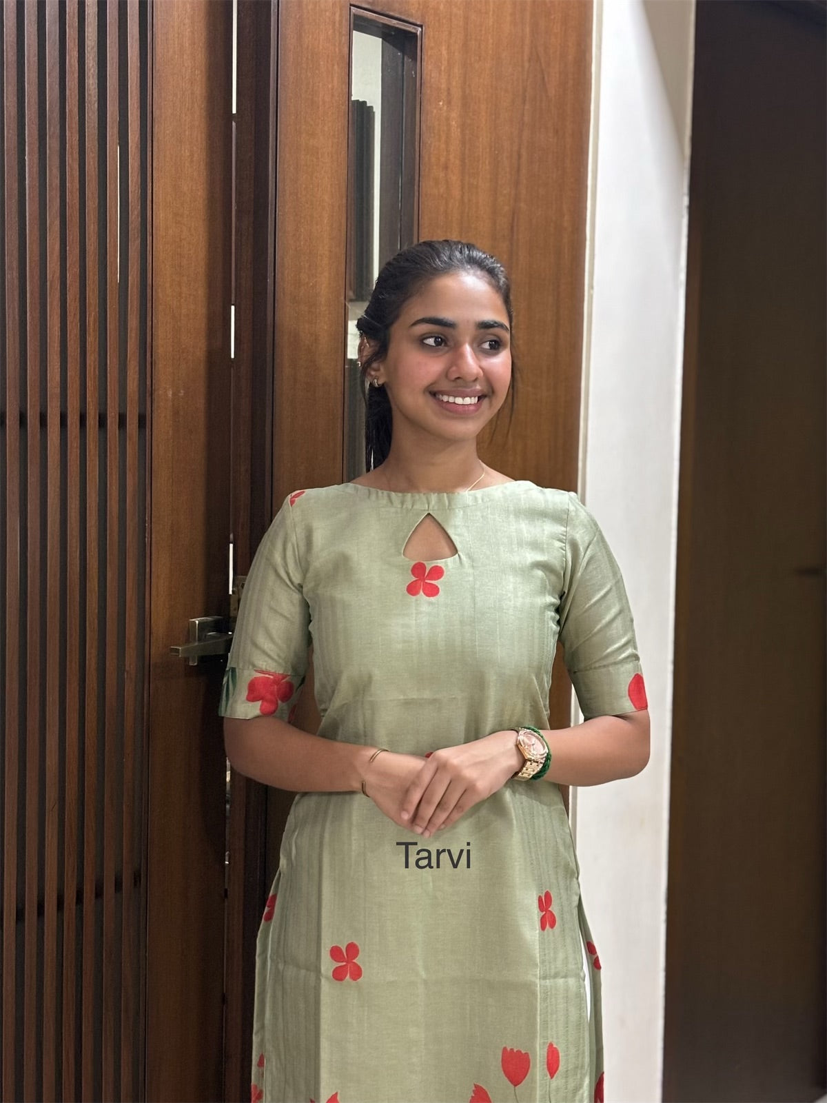 Mint Semi Tussar Silk Kurti with floral print