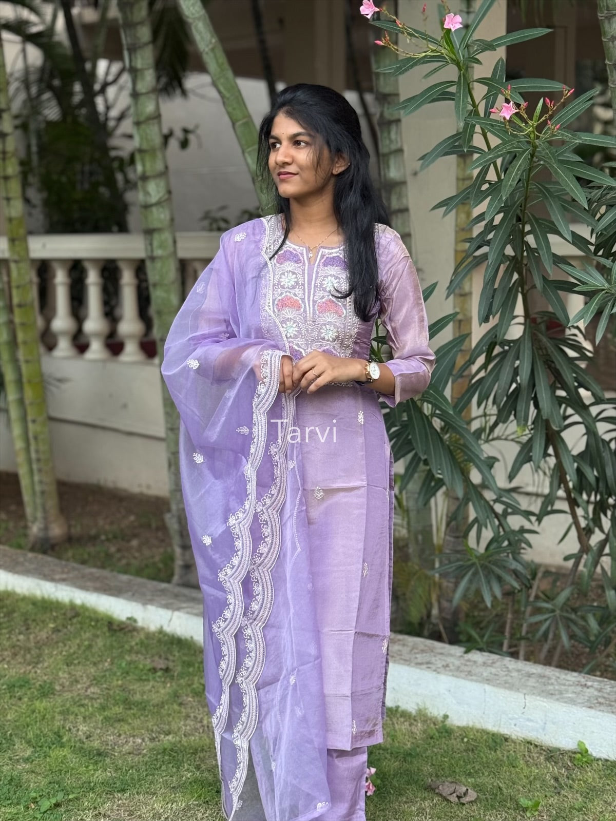 Lavender Sequin-Embellished Tissue Silk 3 pc Kurti Set with Dupatta and Pant