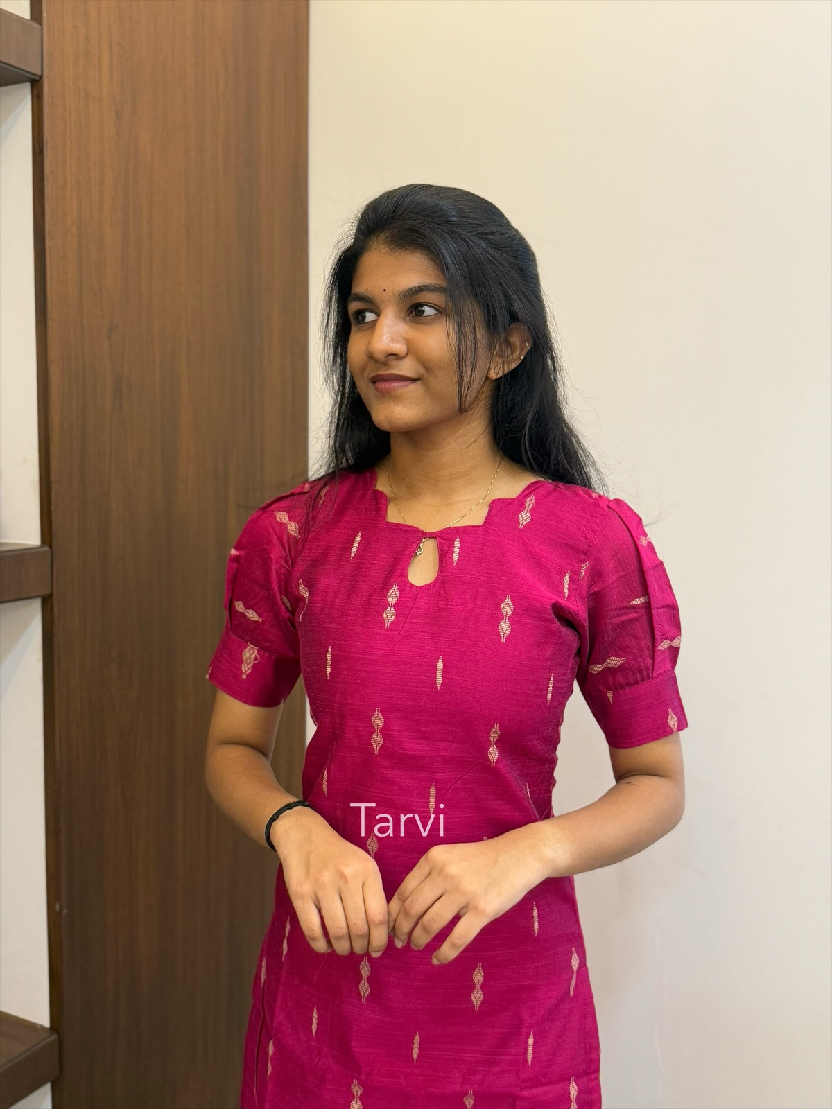 Rani Pink Raw Silk 3 pc Kurti Set with Zari Butta, Dupatta and Pant with Pocket