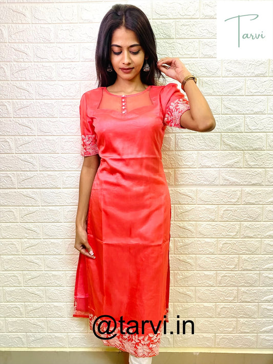 Peach Organza Kurti with botton border thread work