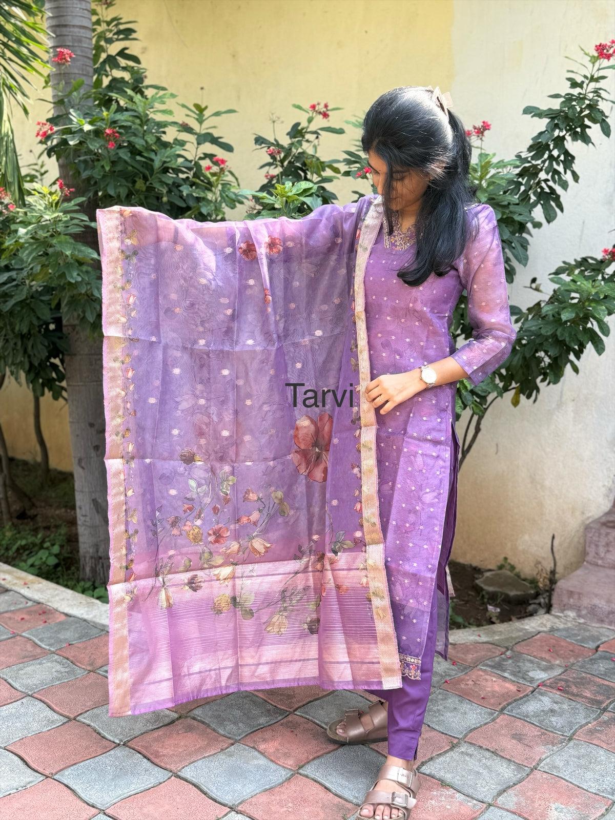 Purple Embellished Tissue Silk 3 pc Kurti Set with butti, Dupatta and Pant