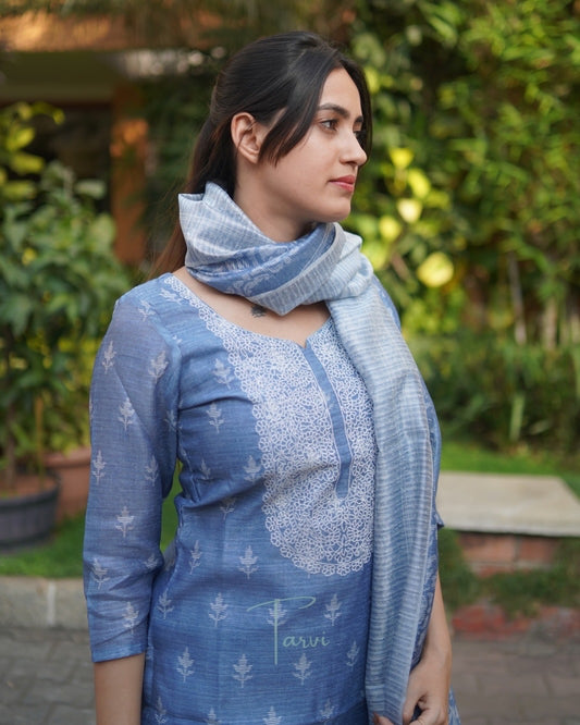 Denim Blue Silk 3 pc Kurti Set with embroidery,Dupatta and Pant