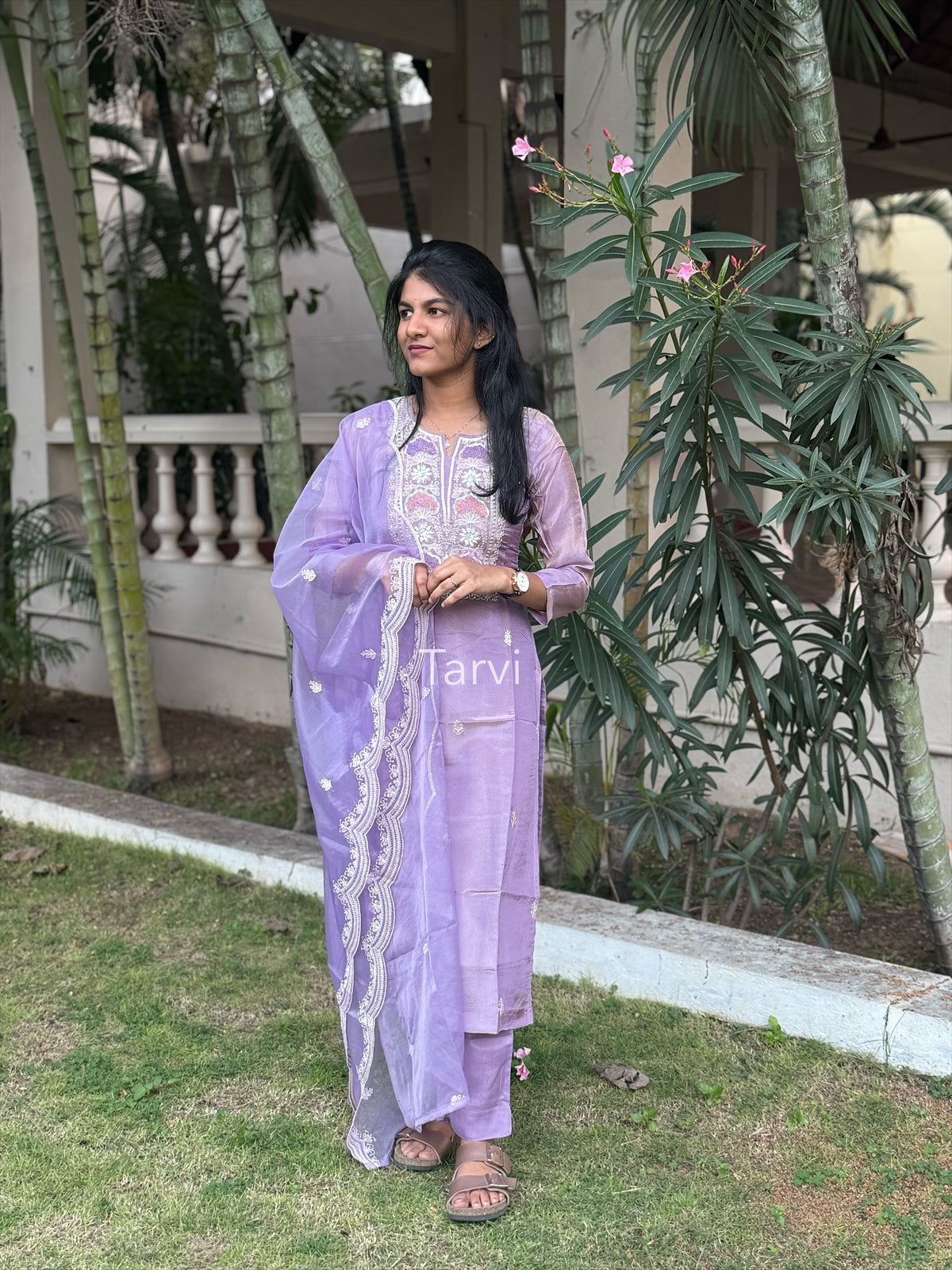 Lavender Sequin-Embellished Tissue Silk 3 pc Kurti Set with Dupatta and Pant