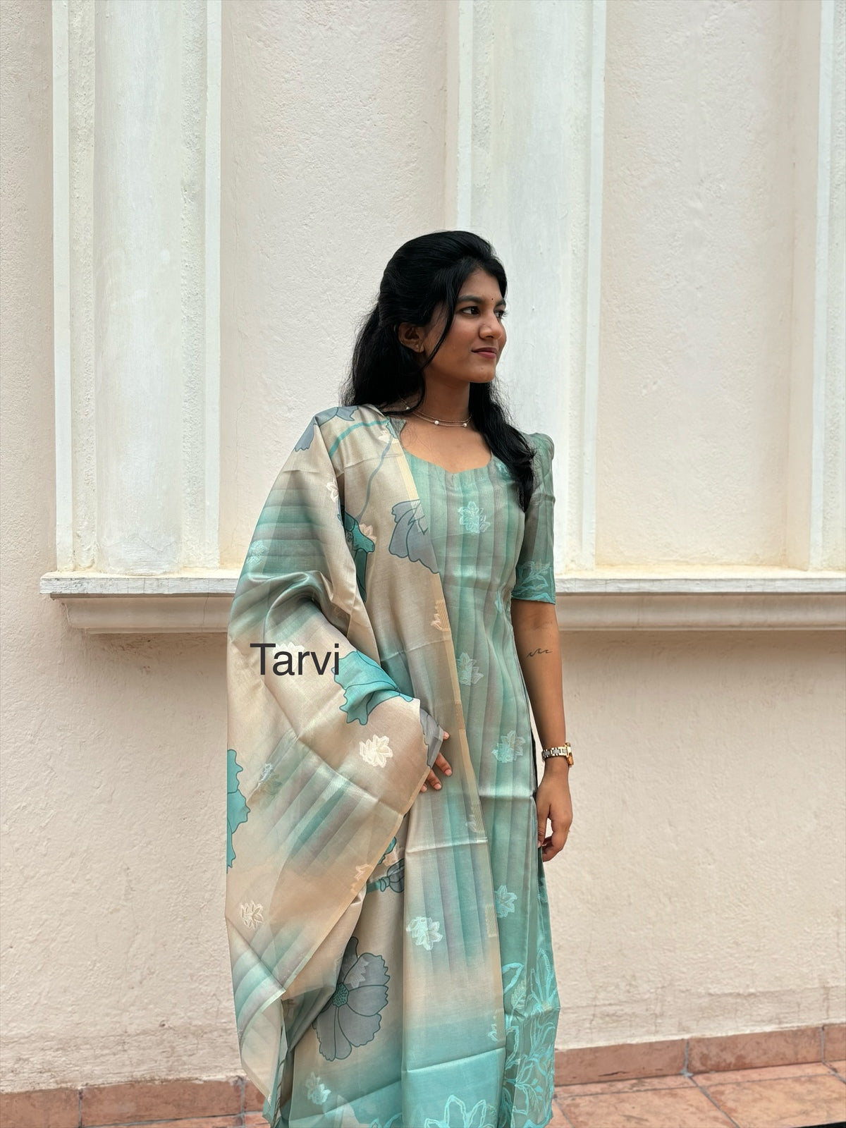 Mint Green Chanderi Silk Kurti with Jacquard Border, cotton lining and Dupatta