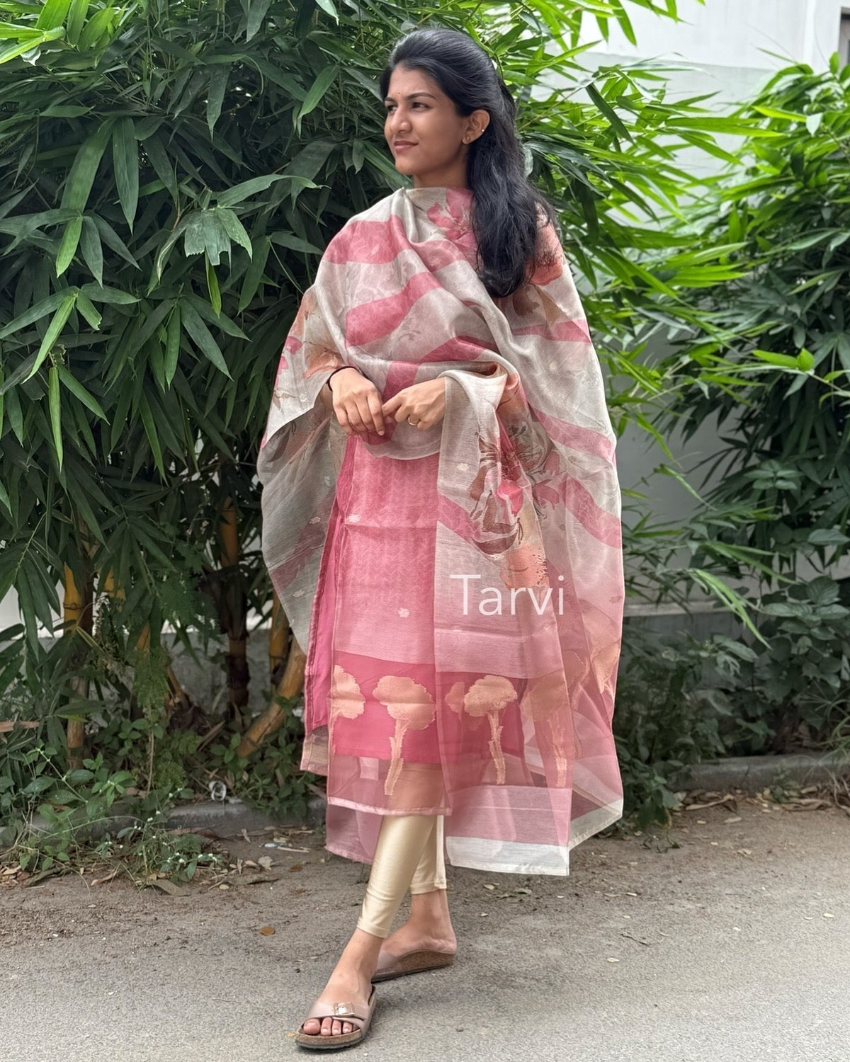 Peach Chanderi Silk Kurti with Golden Jacquard Border, cotton lining and Dupatta.