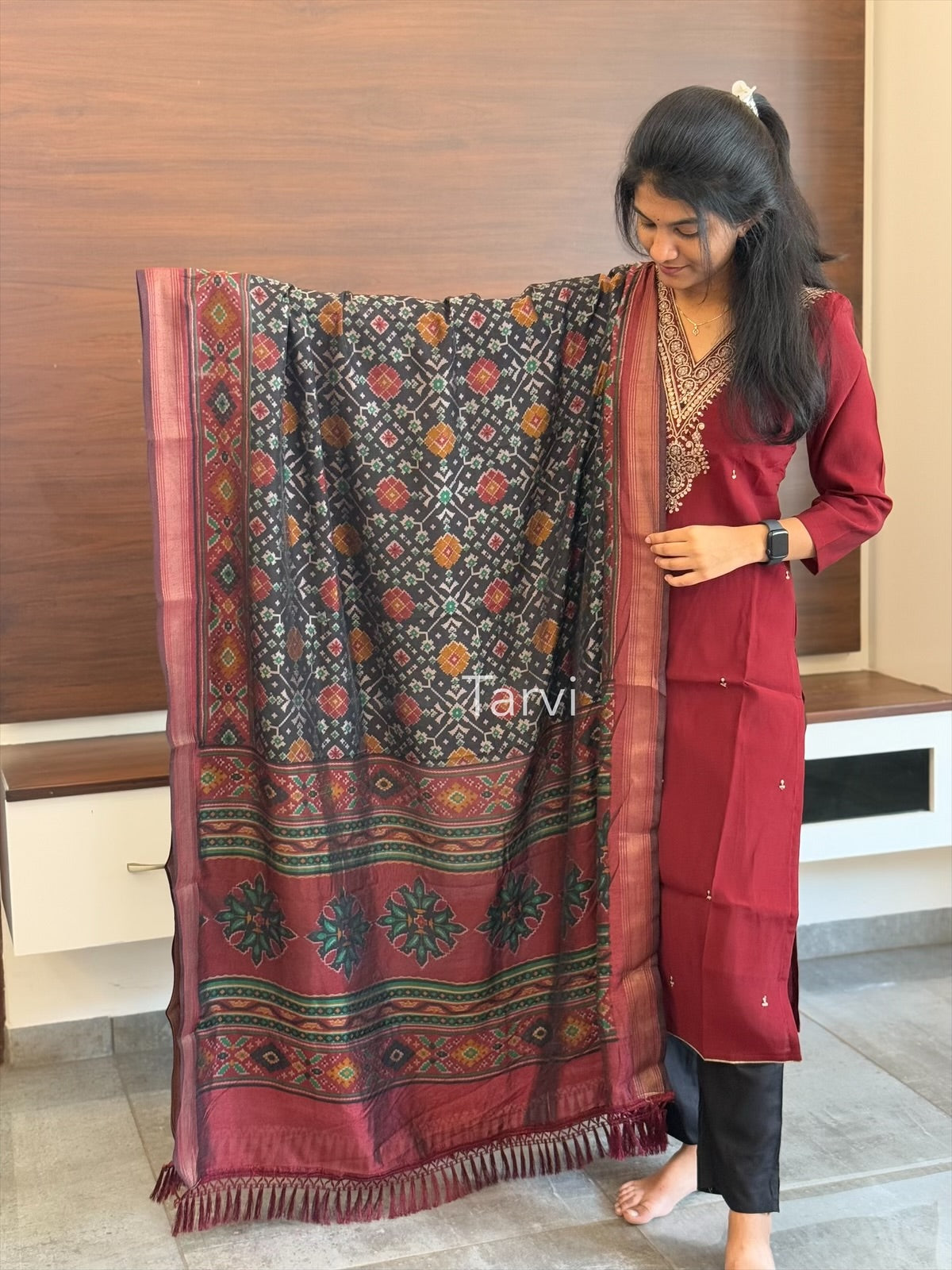 Maroon Silk 3 pc set with neck detailing, cotton lining, pattola dupatta , matching silk pant with pocket.