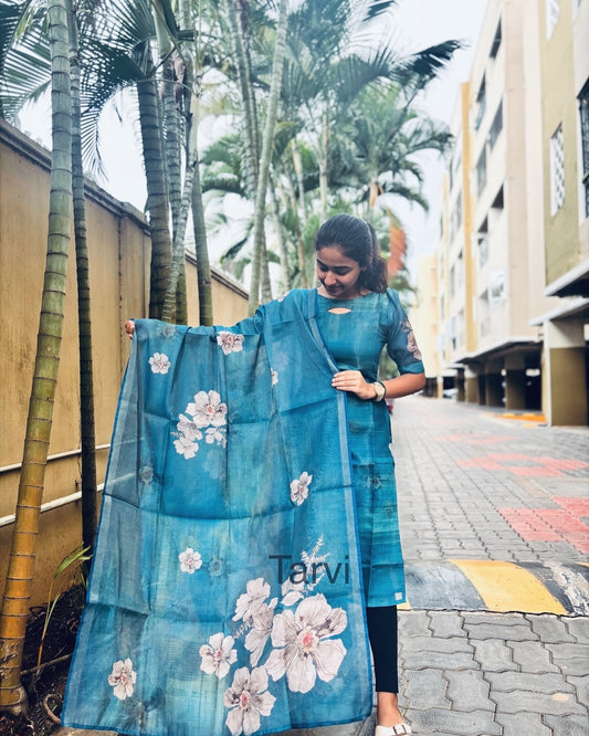 Peacock Blue Chanderi Tissue Silk Kurti with Cotton Lining & Dupatta
