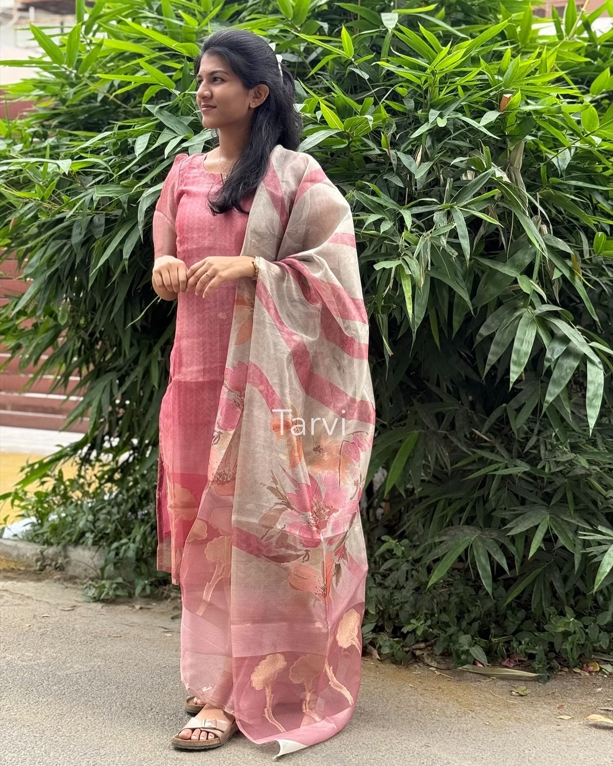 Peach Chanderi Silk Kurti with Golden Jacquard Border, cotton lining and Dupatta.