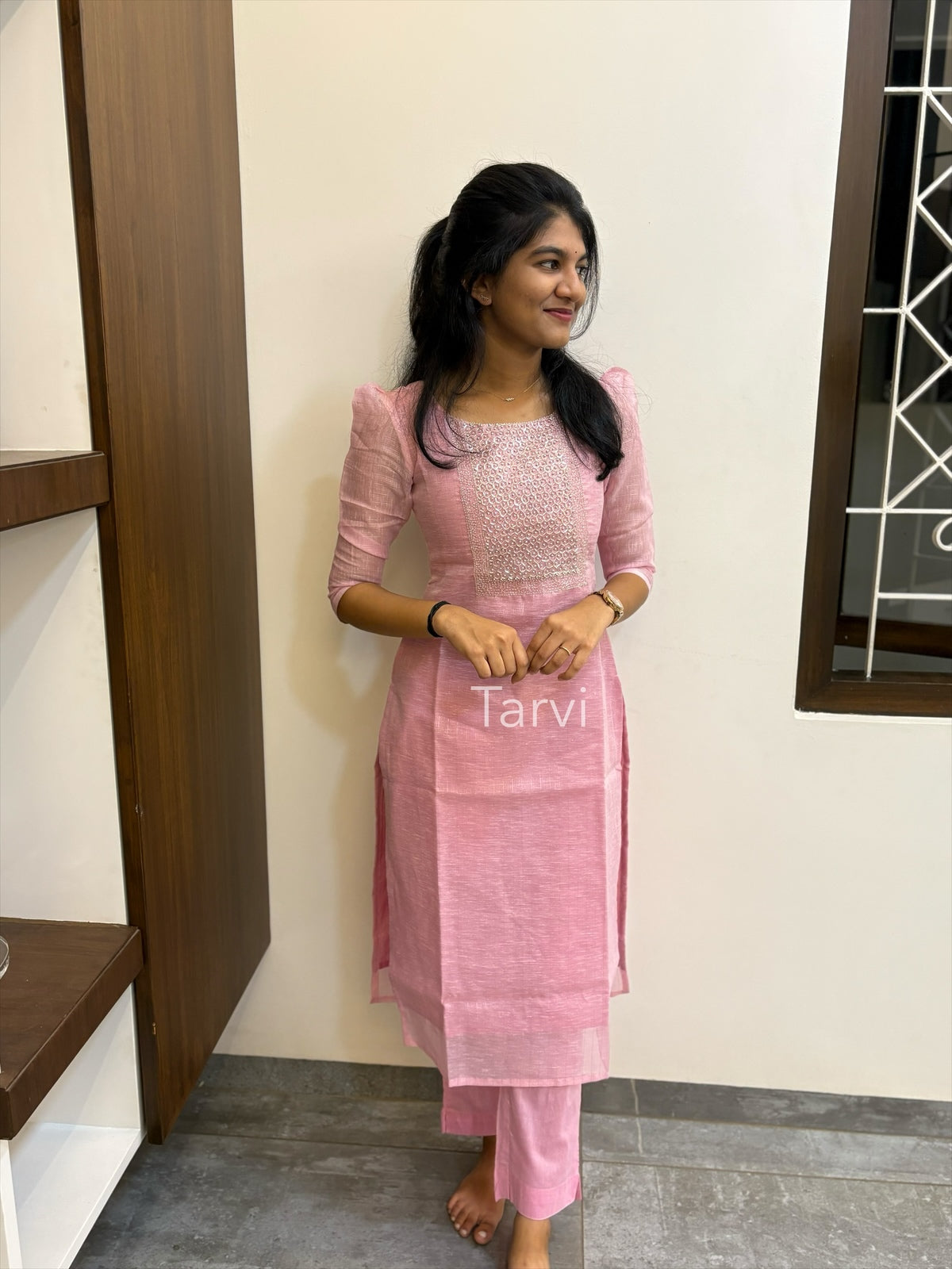 Light Pink Sequin-Embellished Tissue Silk 3 pc Kurti Set with Brocade Dupatta and Silk Pant