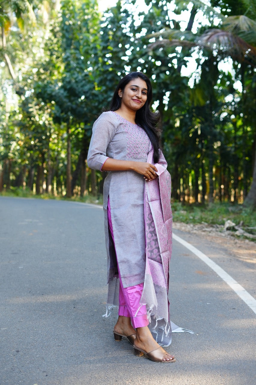Grey cotton 3 pc Kurti Set with Embellishment, Dupatta and Pant
