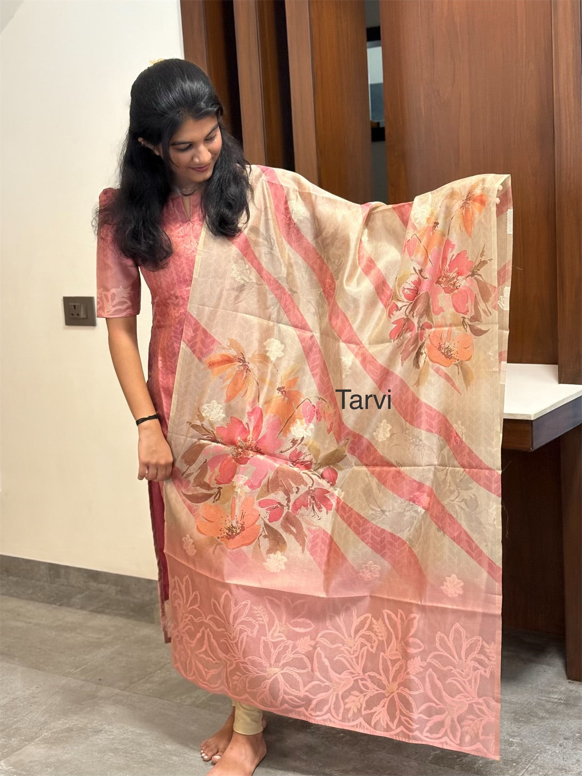 Peach Chanderi Silk Kurti with Jacquard Border, cotton lining and Dupatta.
