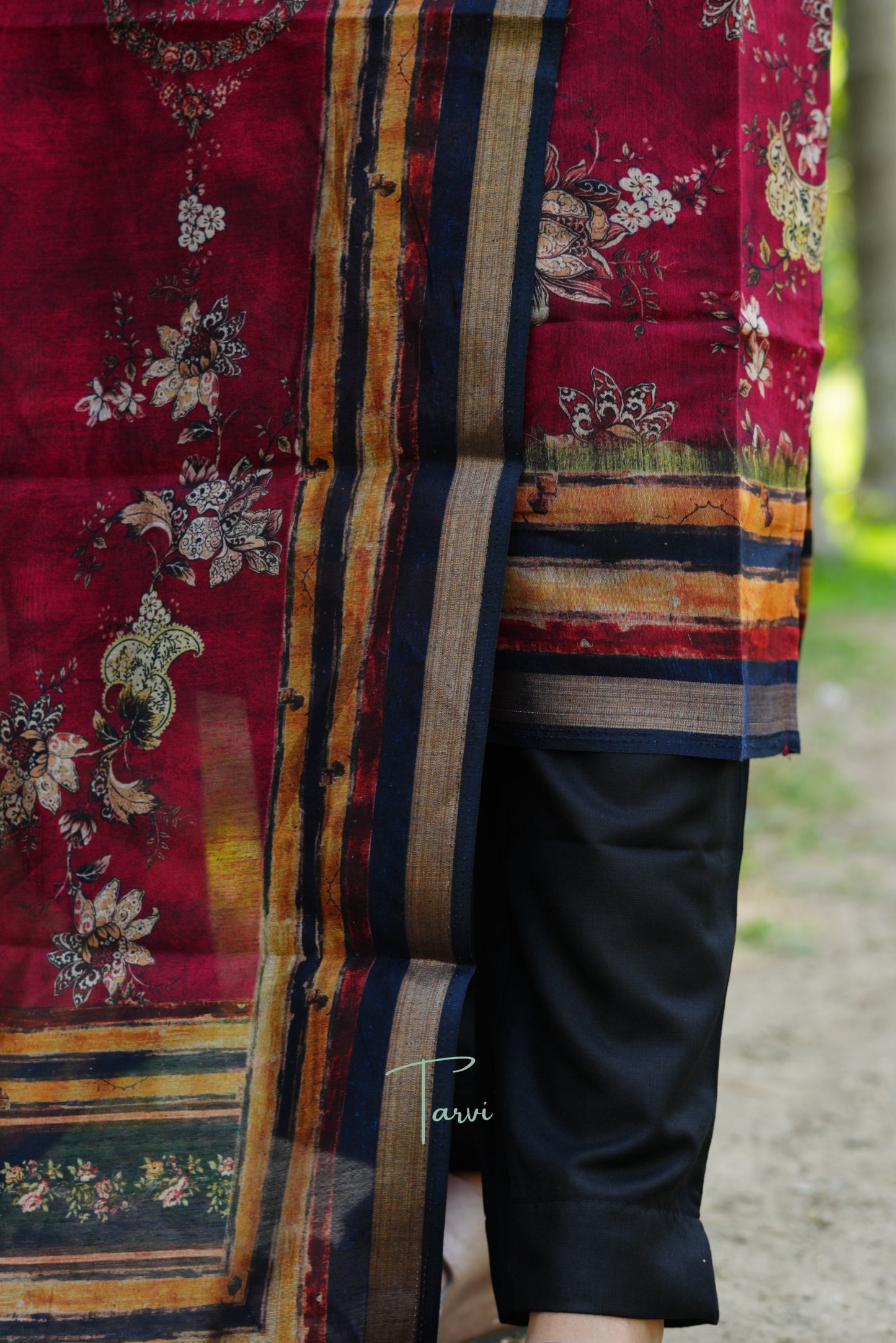 Maroon floral Chanderi 3 pc set with cotton lining, dupatta , matching pant with pocket.