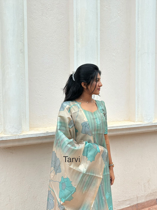 Mint Green Chanderi Silk Kurti with Jacquard Border, cotton lining and Dupatta