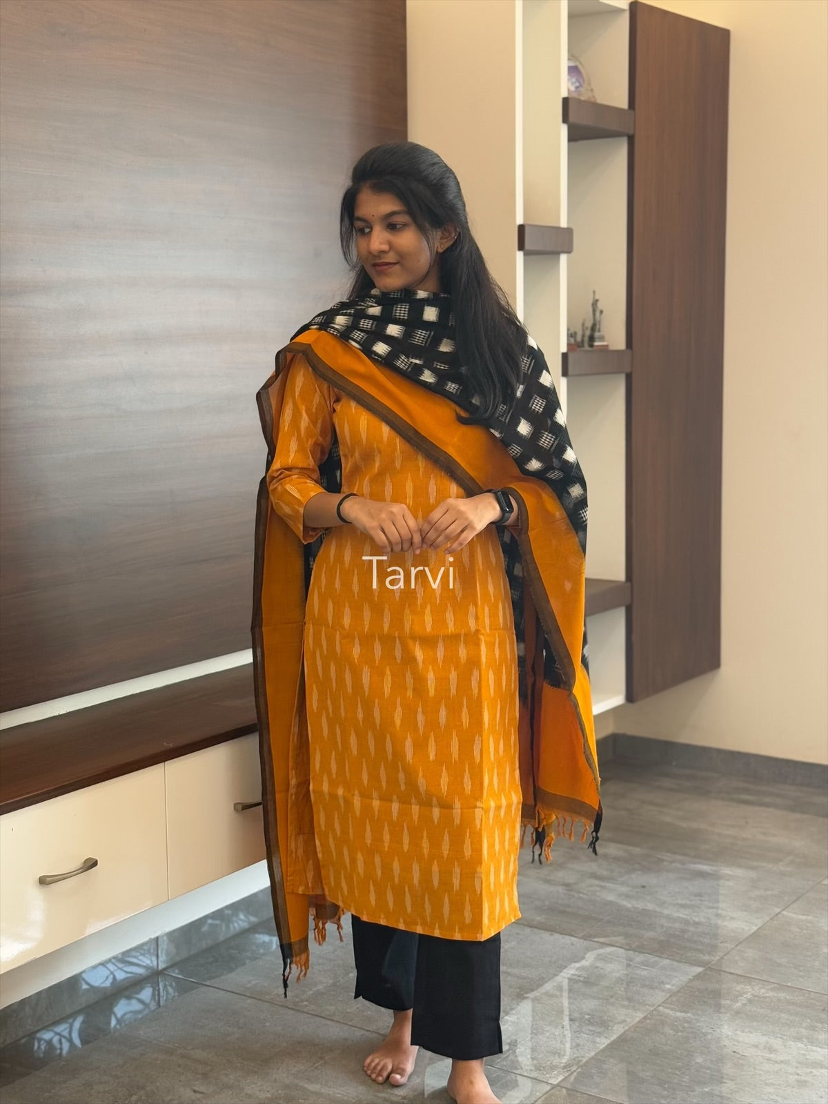 Yellow Ikat Weave Mercerised Cotton 3 pc Kurti Set, Dupatta and Pant with Pocket