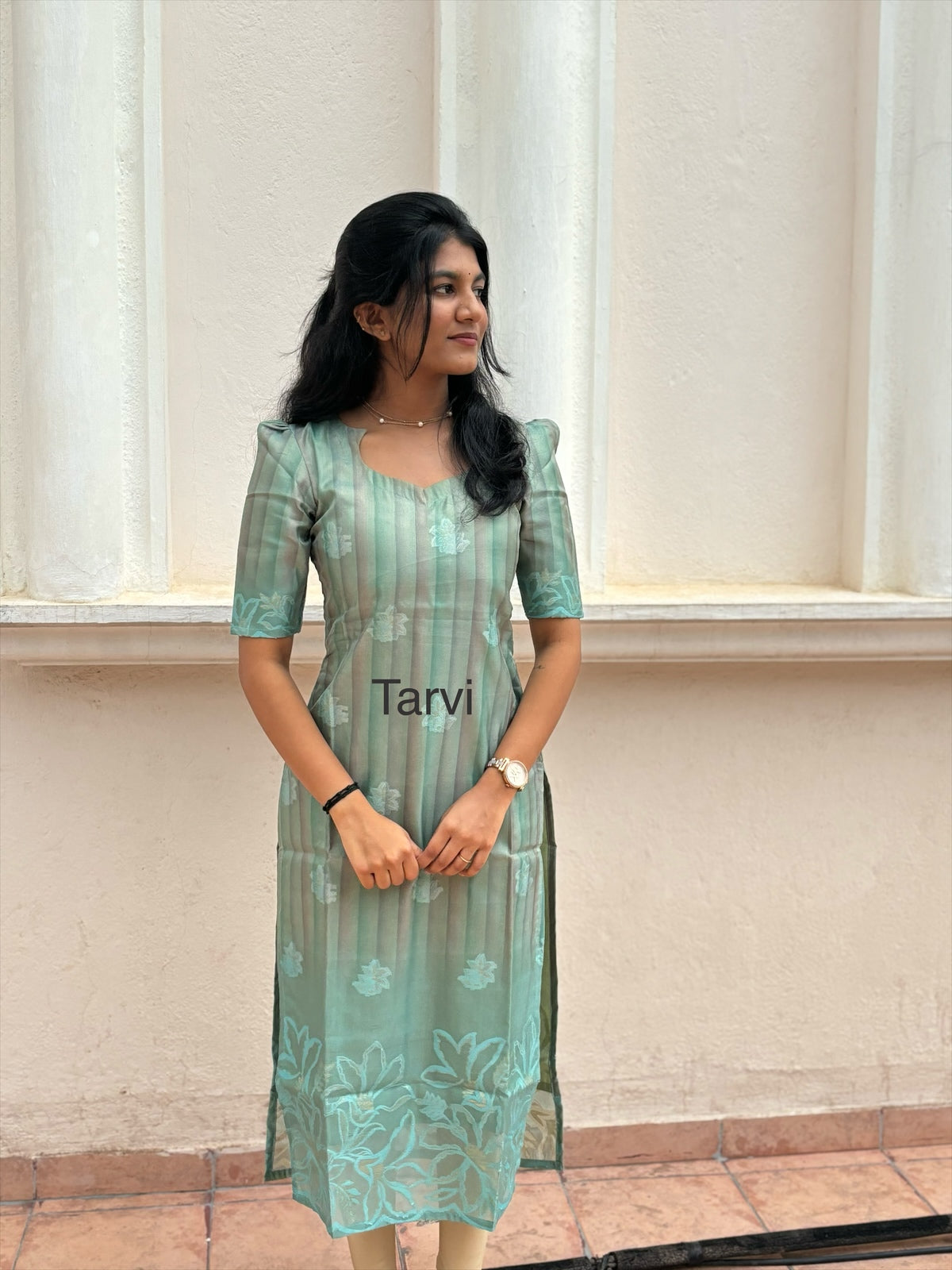 Mint Green Chanderi Silk Kurti with Jacquard Border, cotton lining and Dupatta