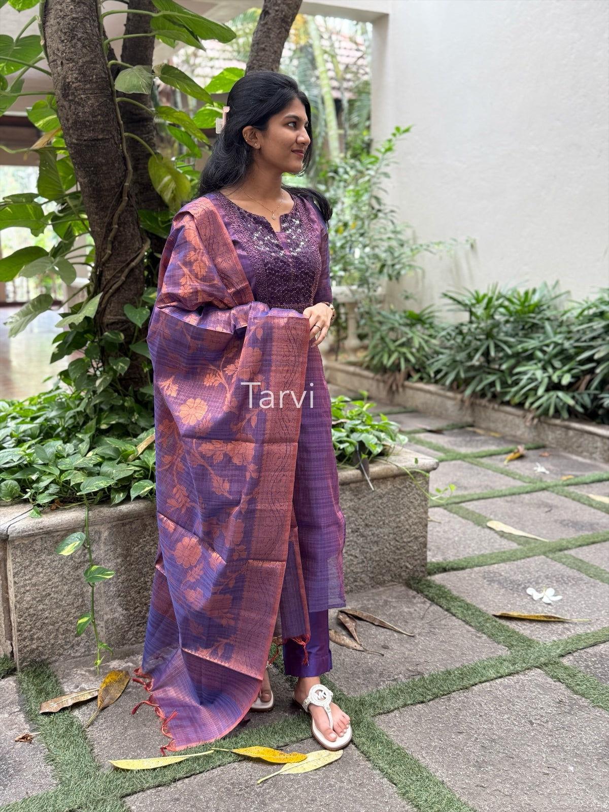 Purple Tissue Silk, featuring sequin neck detailing, cotton lining, Copper Zari dupatta, and matching silk pants with pocket