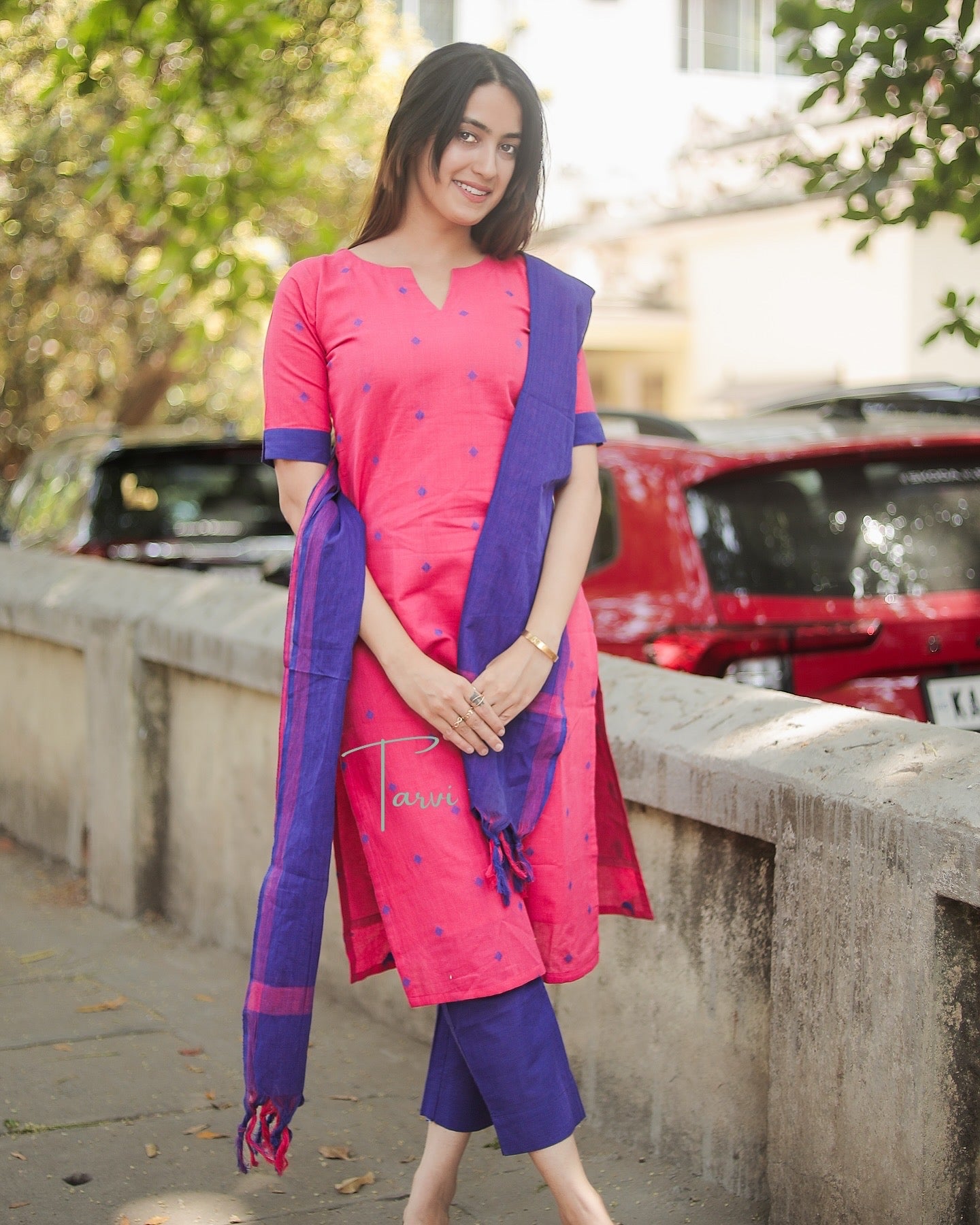 Pink Pure cotton Handloom 3 pc Kurti Set with cotton lining,dupatta and Pant with Pocket