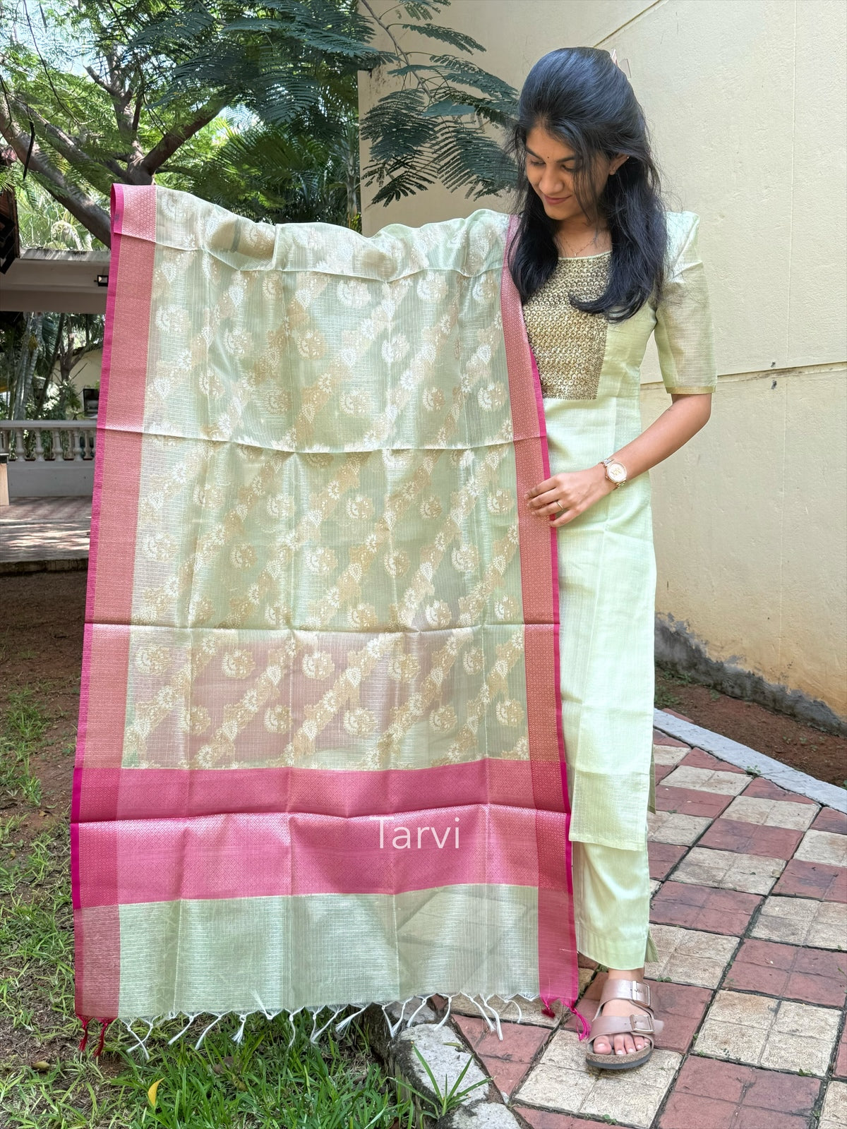 Light Green Tissue Silk 3 pc unstitched Kurti dress material set