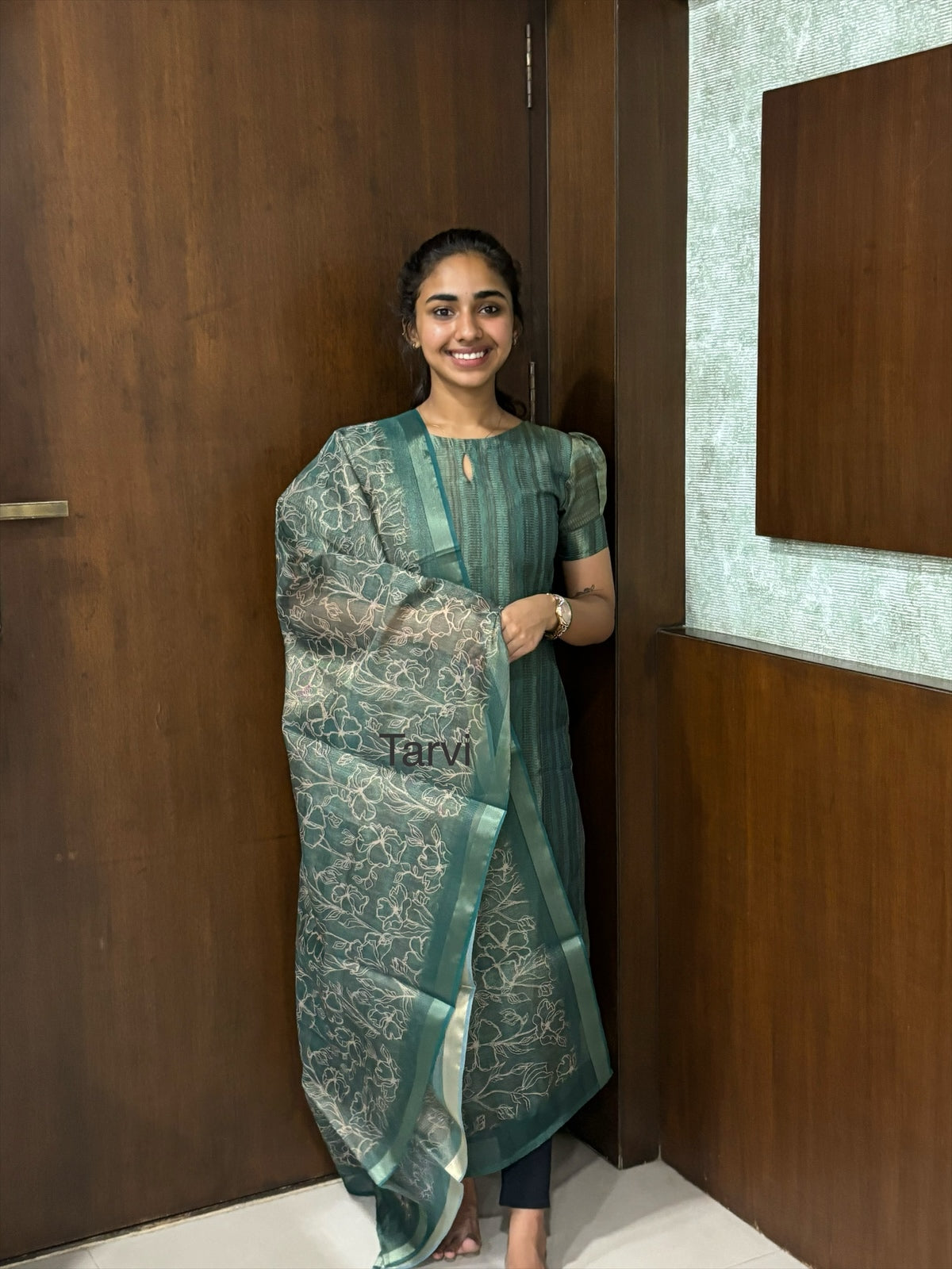 Bottle Green Chanderi Tissue Silk Kurti with Cotton Lining & Dupatta
