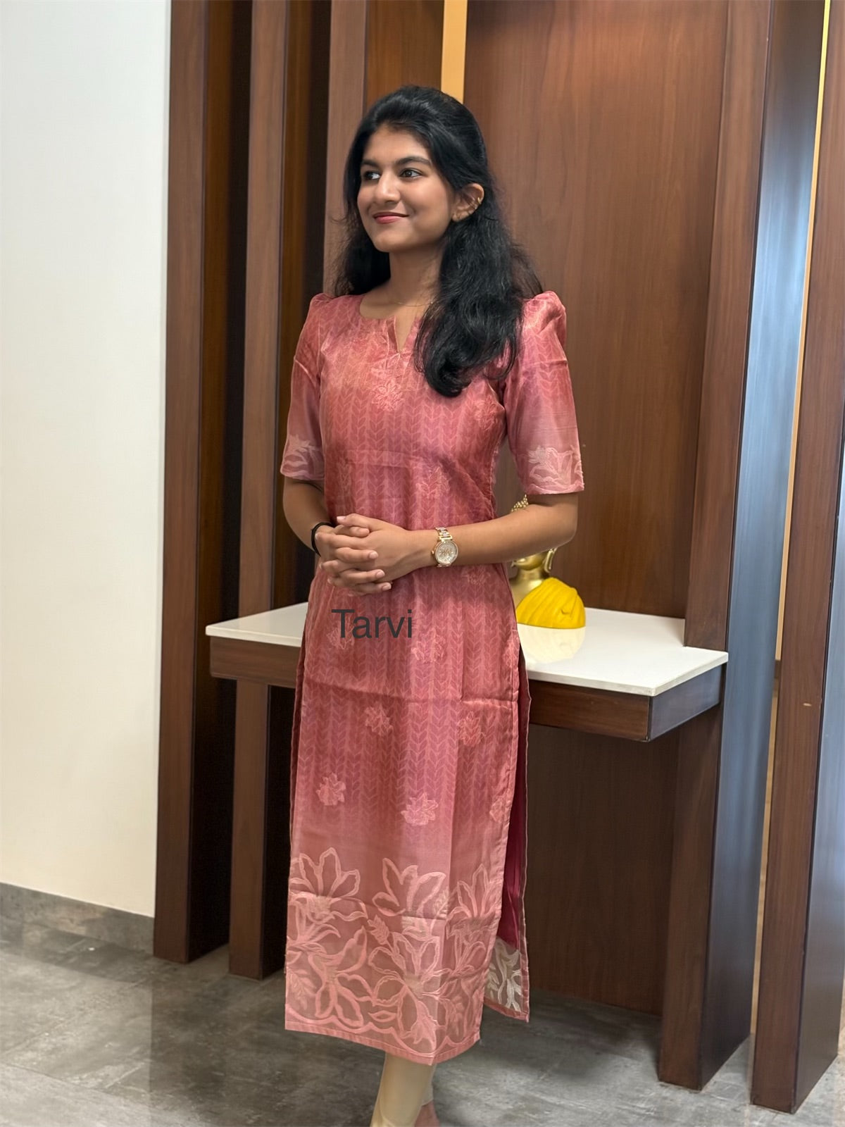 Peach Chanderi Silk Kurti with Jacquard Border, cotton lining and Dupatta.