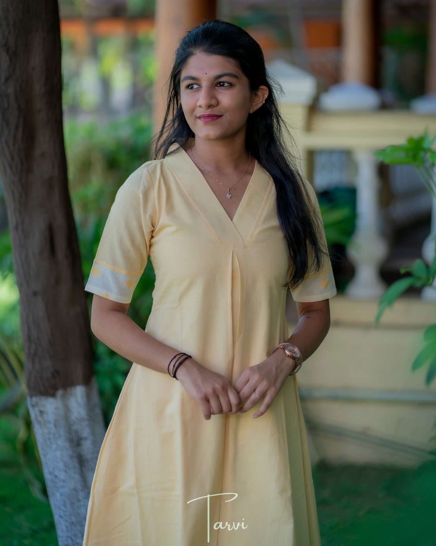 Light Yellow Pure Cotton Handloom A Line Cord Set with Jacquard borders