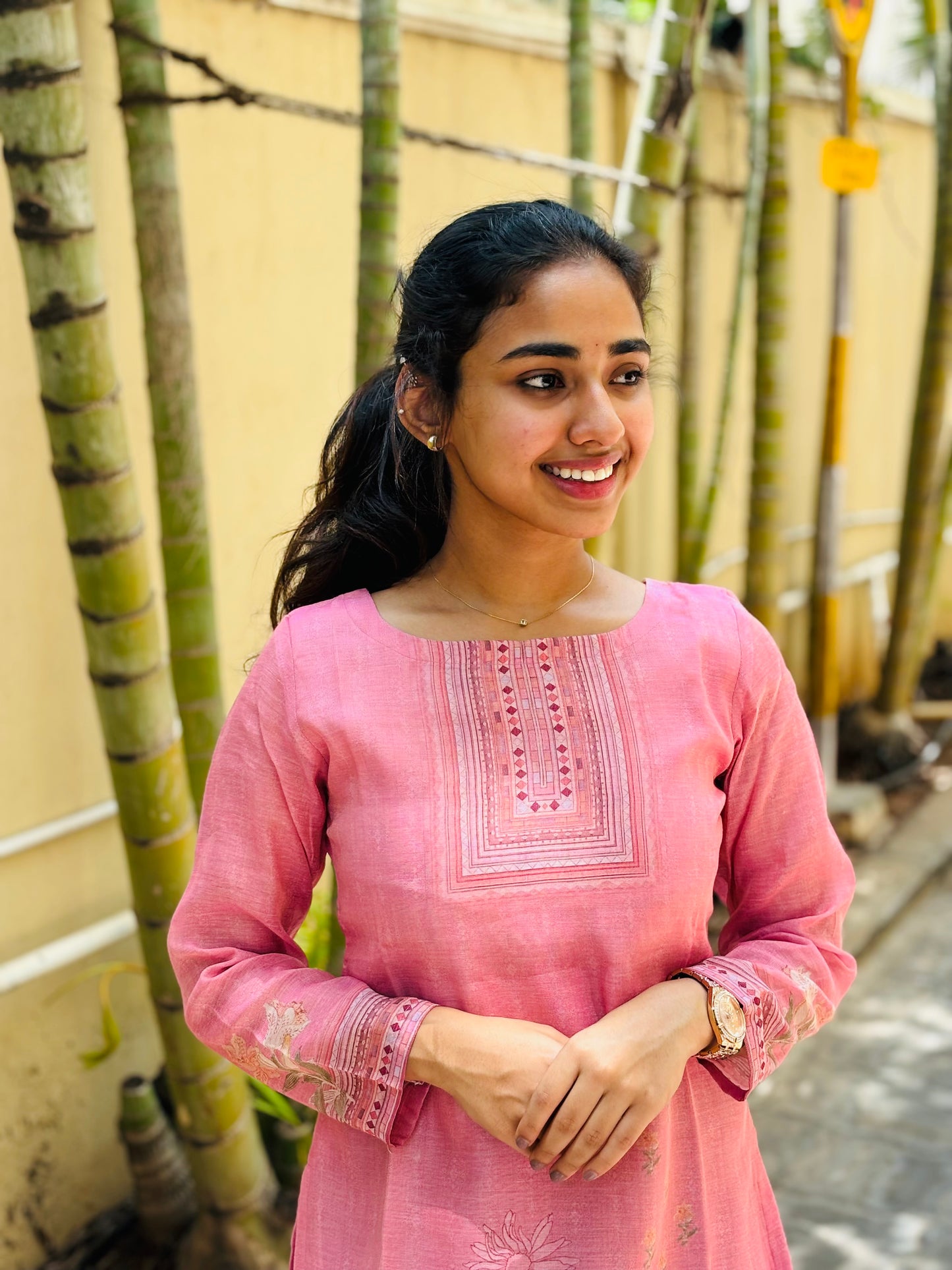 Pink Chanderi Tissue Silk Kurti with Cotton Lining & Dupatta