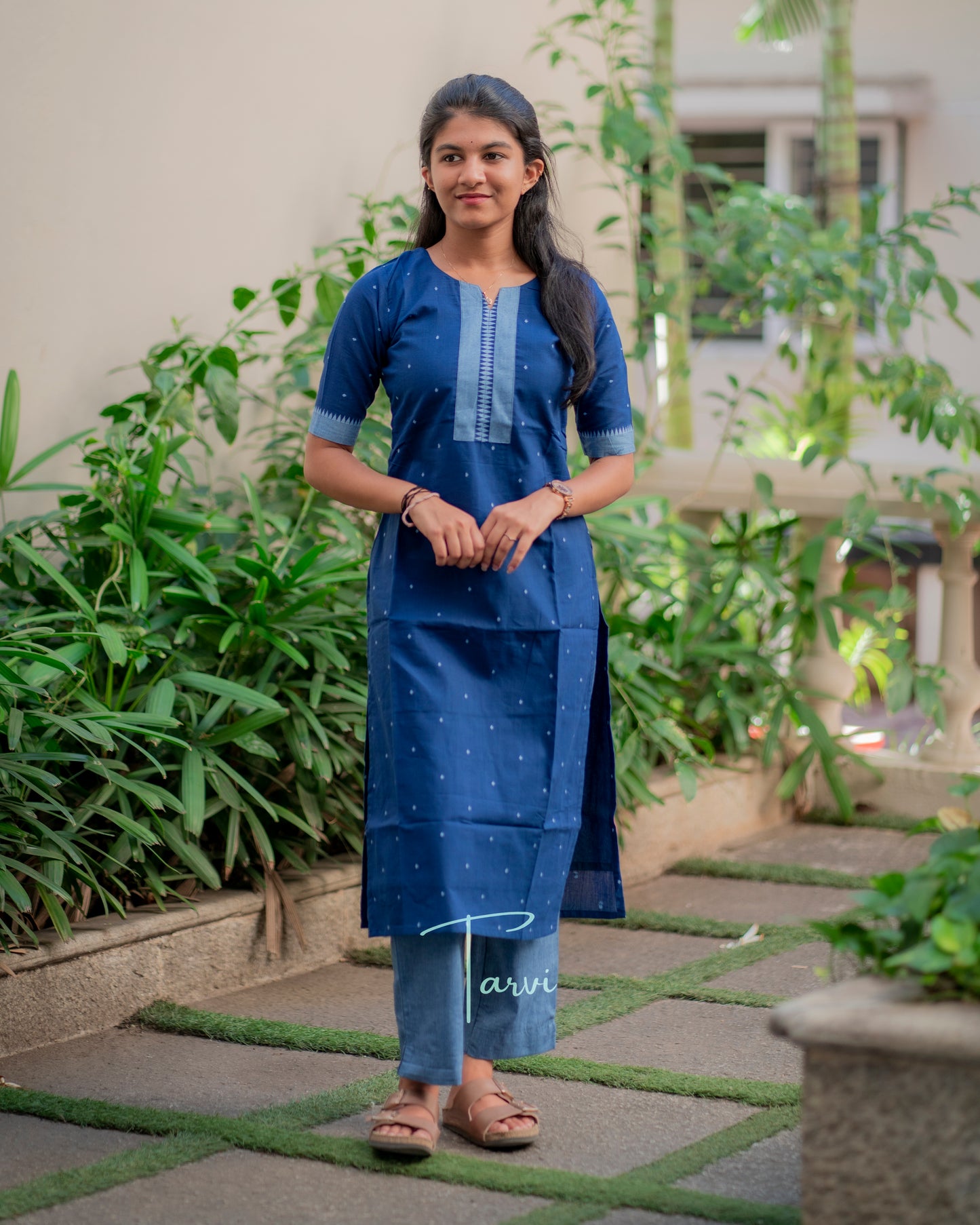 Navy Super Soft Handloom cotton 3 pc Kurti Set