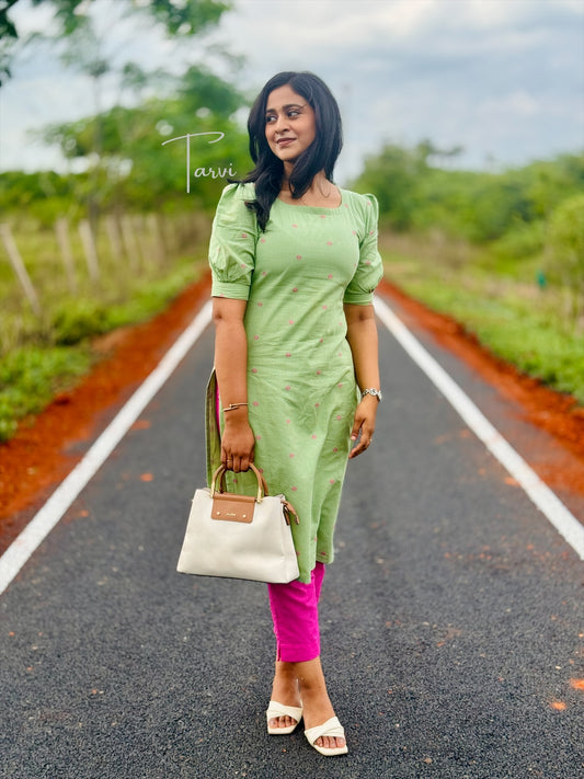 Apple Green Pure Cotton Handloom Cord Set with Pocket & Cotton Lining