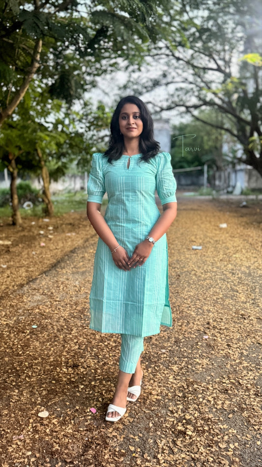 Mint Green Pure Cotton Handloom Cord Set with Pocket & Cotton Lining