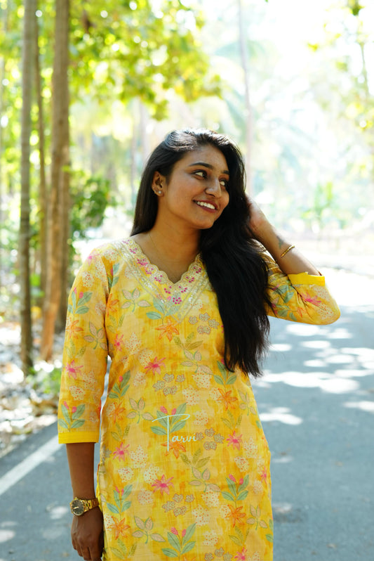 Yellow Embellished Silk 3 pc Kurti Set, Dupatta and Pant with pocket.