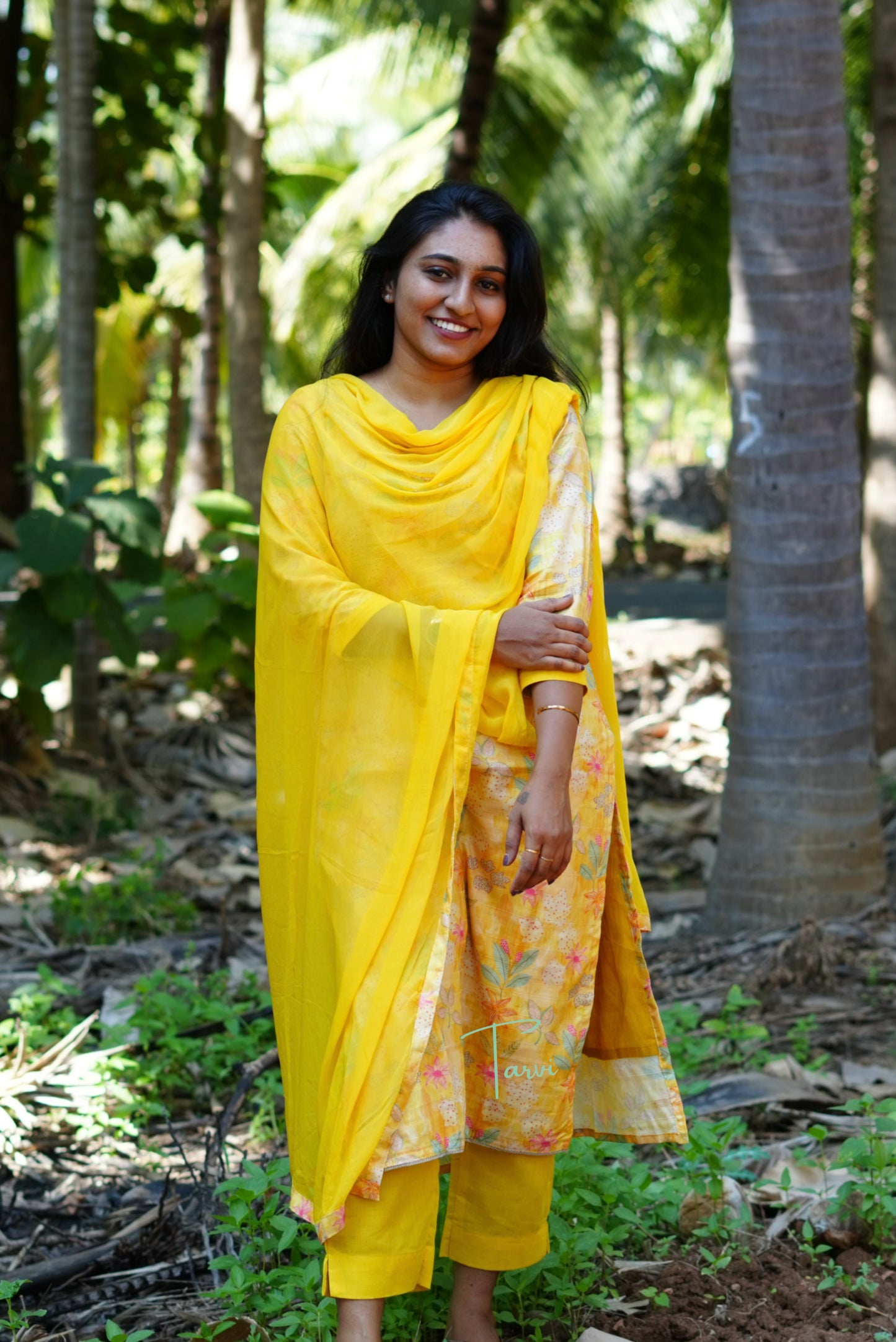 Yellow Embellished Silk 3 pc Kurti Set, Dupatta and Pant with pocket.