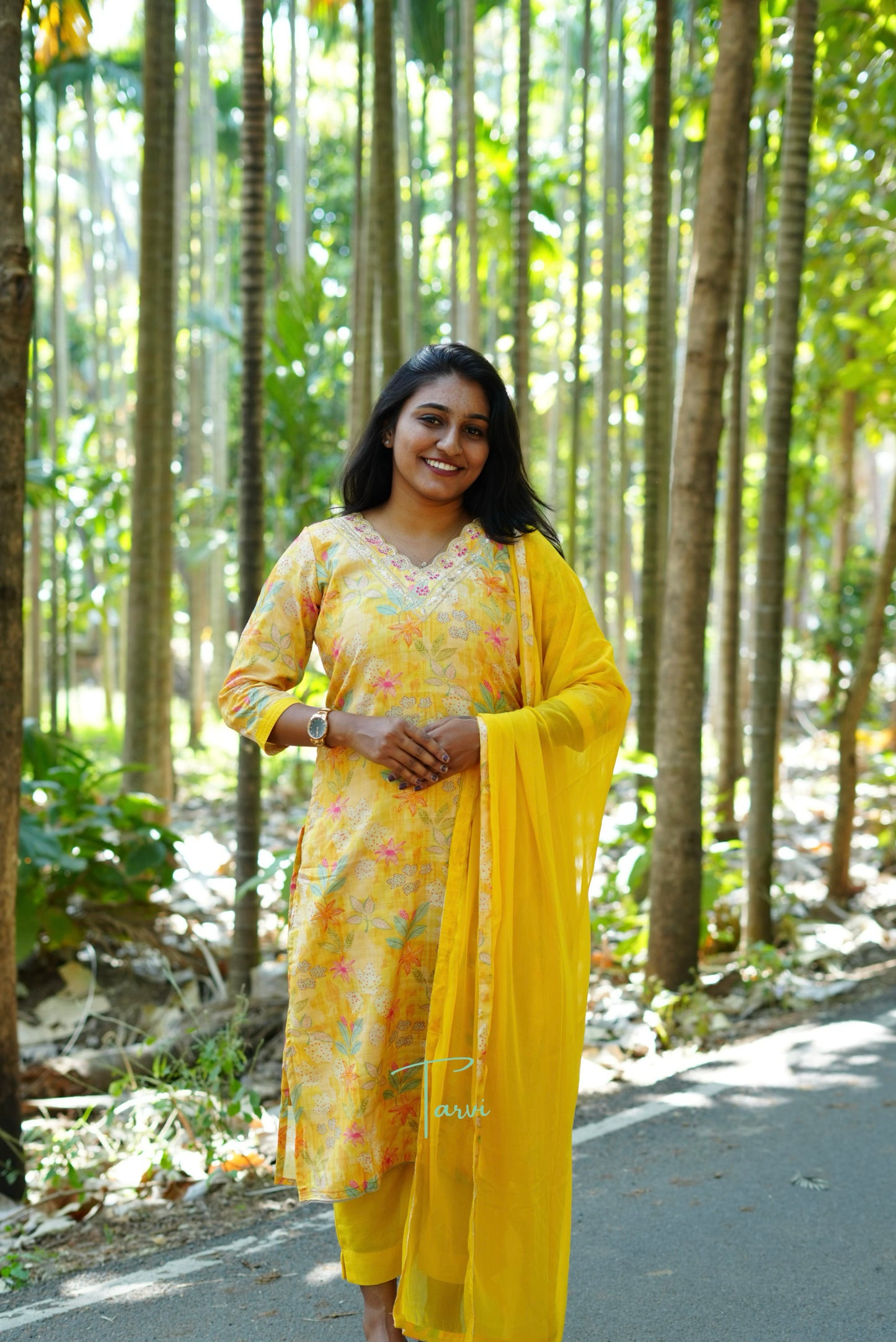 Yellow Embellished Silk 3 pc Kurti Set, Dupatta and Pant with pocket.