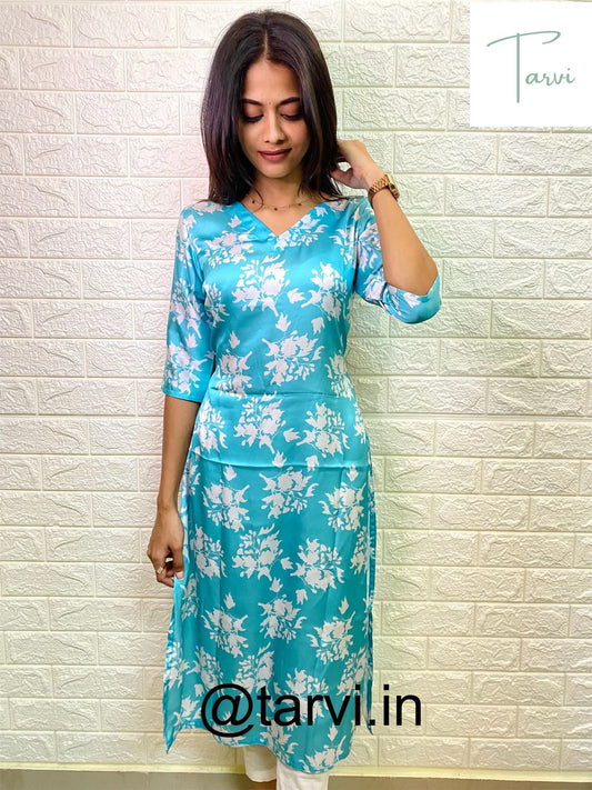 Sea Green Silky Printed Kurti