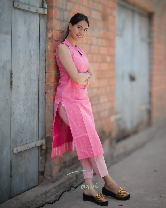 Light Pink Pure Cotton Handloom Cord Set with Pocket & Cotton Lining - Sleeve Option Available
