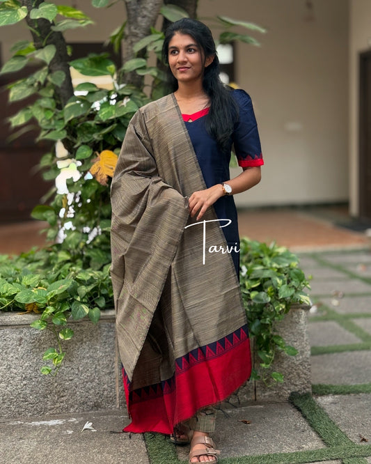 Navy Raw Silk 3 pc Kurti Set with Cotton Lining.