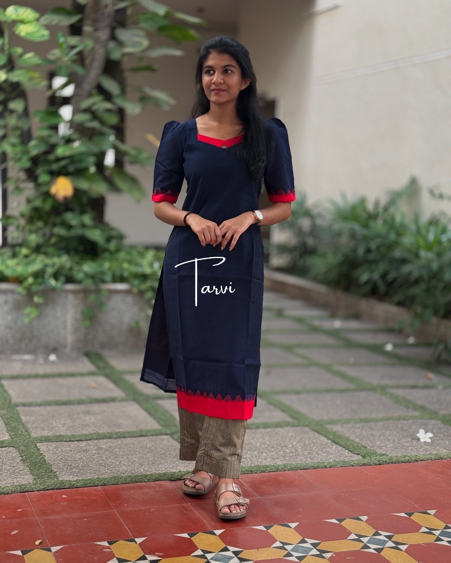 Navy Raw Silk 3 pc Kurti Set with Cotton Lining.