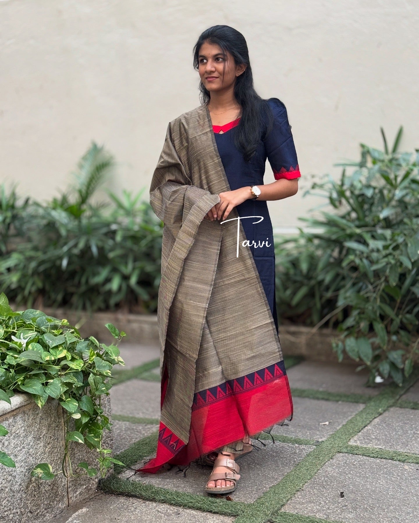 Navy Raw Silk 3 pc Kurti Set with Cotton Lining.