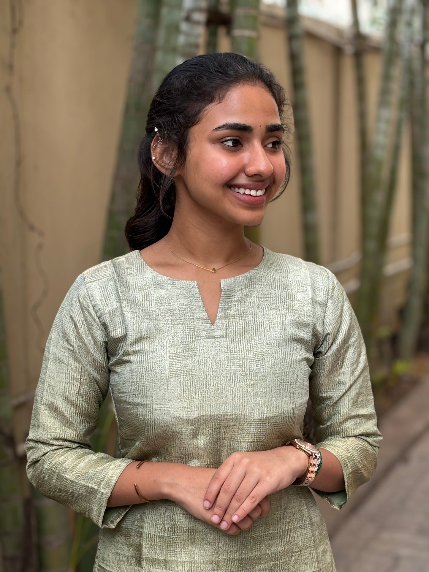 Light Green Crush Tissue Tussar Kurti with Cotton Lining and Kalamkari Print Dupatta