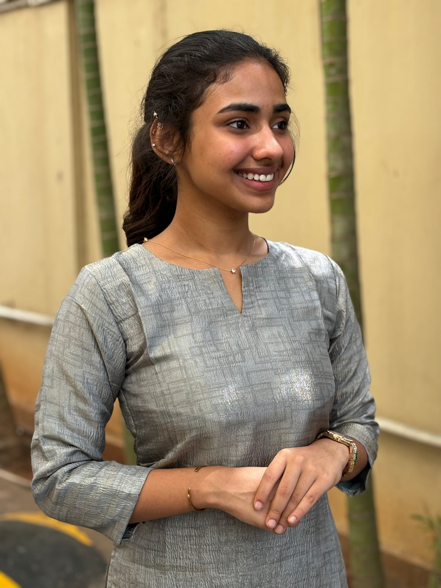 Grey Crush Tissue Tussar Kurti with Cotton Lining and Dupatta