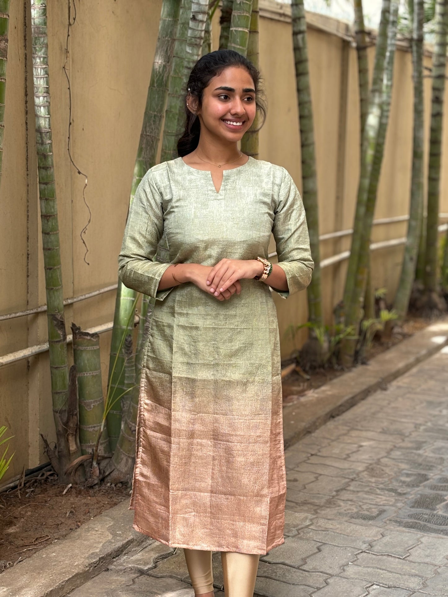 Light Green Crush Tissue Tussar Kurti with Cotton Lining and Kalamkari Print Dupatta