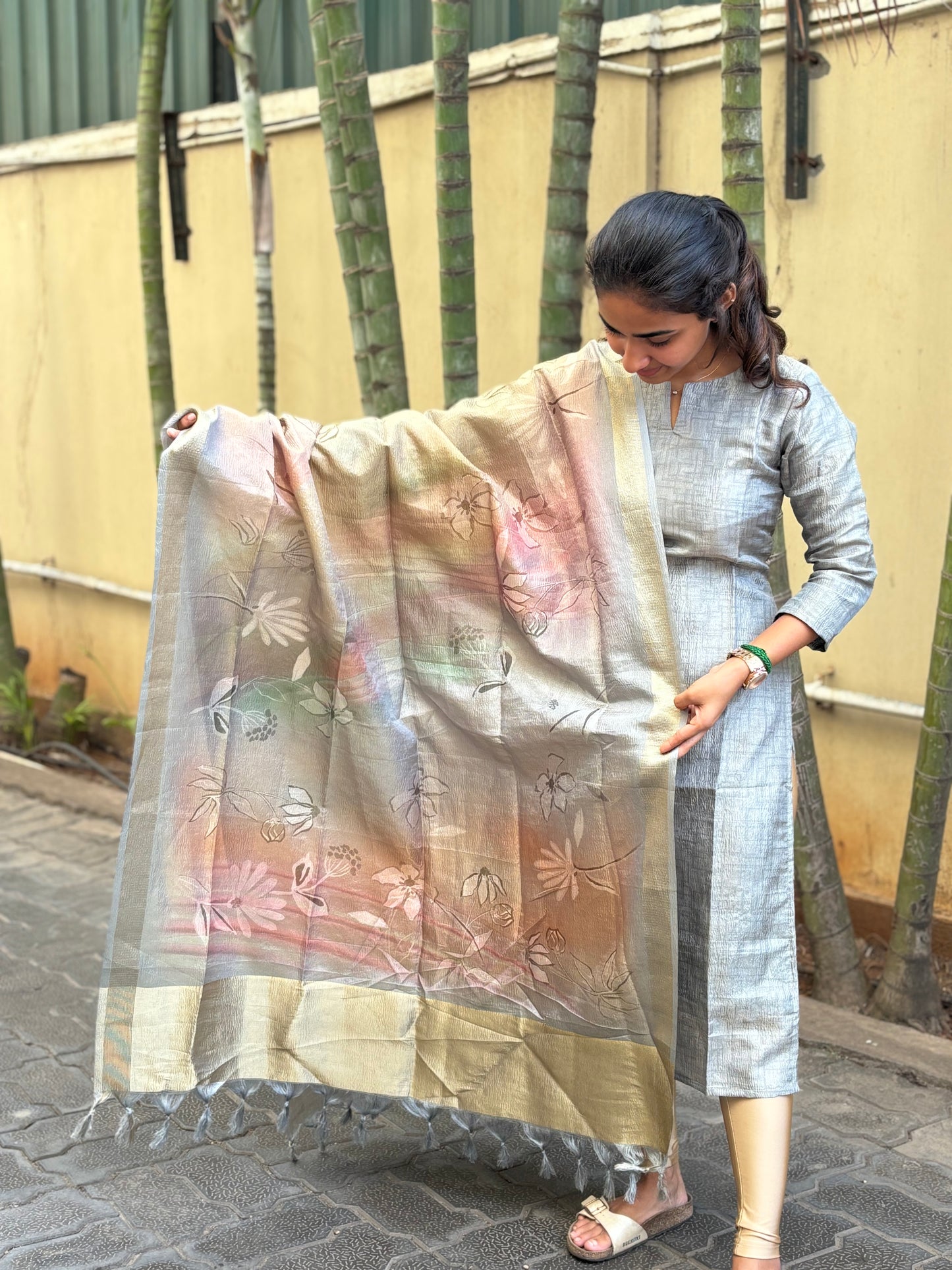 Grey Crush Tissue Tussar Kurti with Cotton Lining and Dupatta