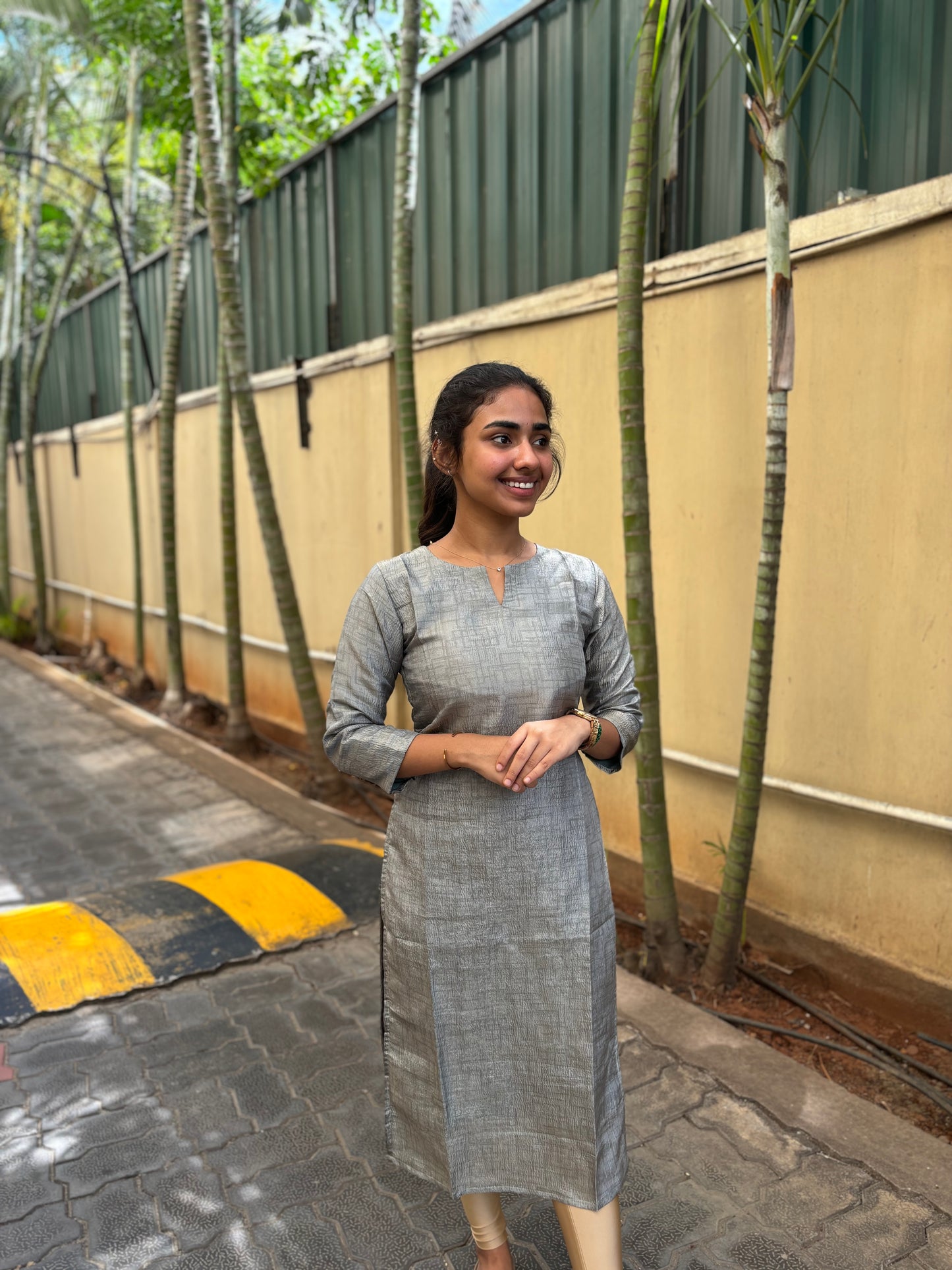 Grey Crush Tissue Tussar Kurti with Cotton Lining and Dupatta