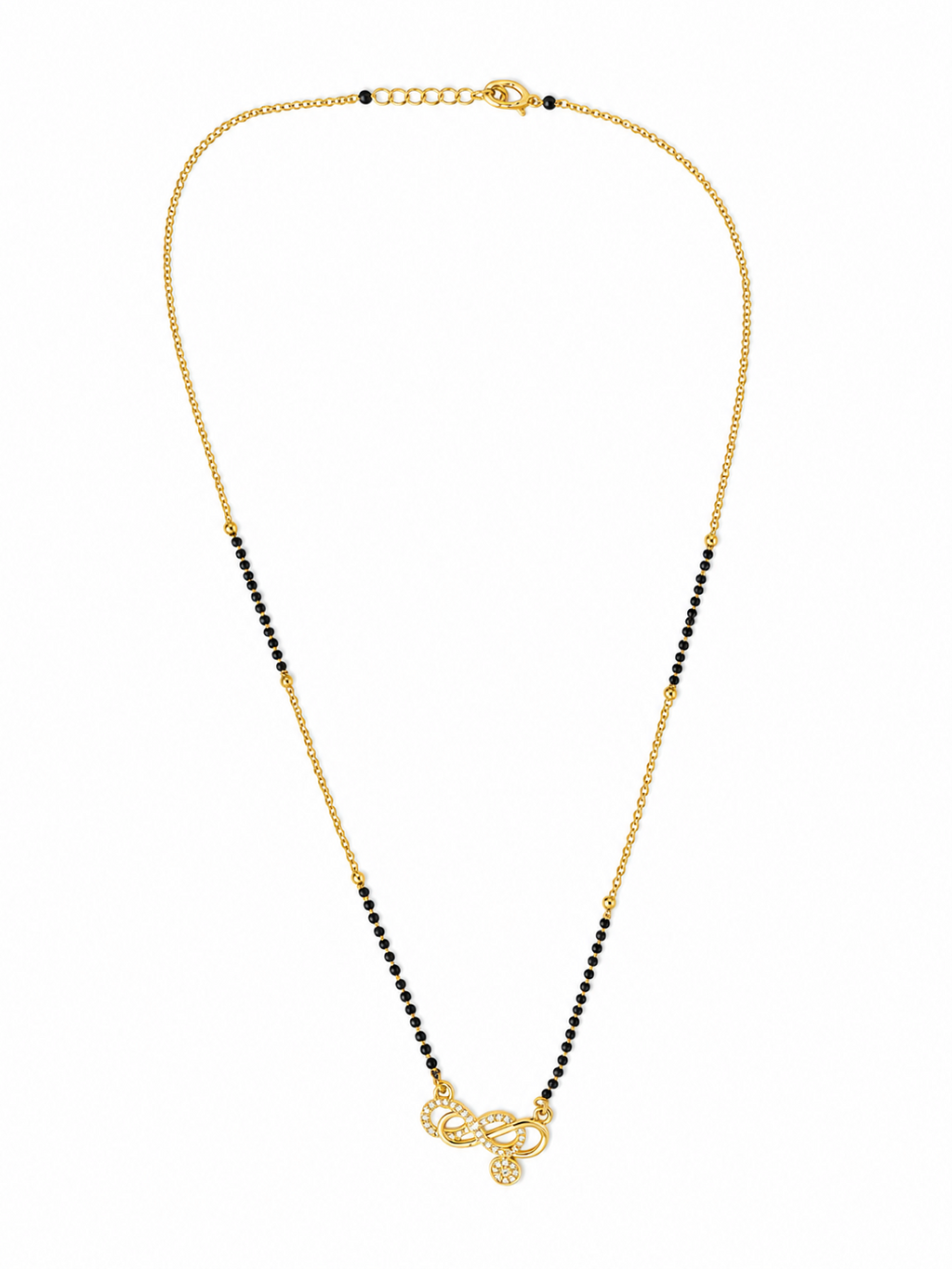 A delicate gold chain necklace featuring a central row of small black beads and a butterfly-shaped clasp, displayed on a clean white background.