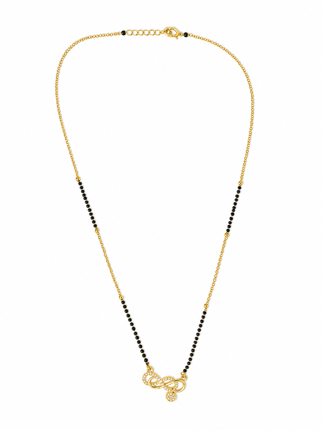 A delicate gold chain necklace featuring a central row of small black beads and a butterfly-shaped clasp, displayed on a clean white background.